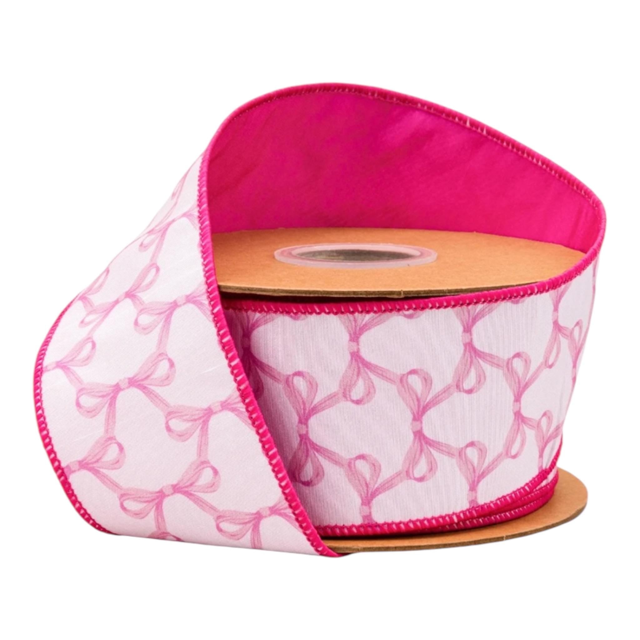 Pink Bow Ribbon, 2.5” Wired Dupioni, White & Pink