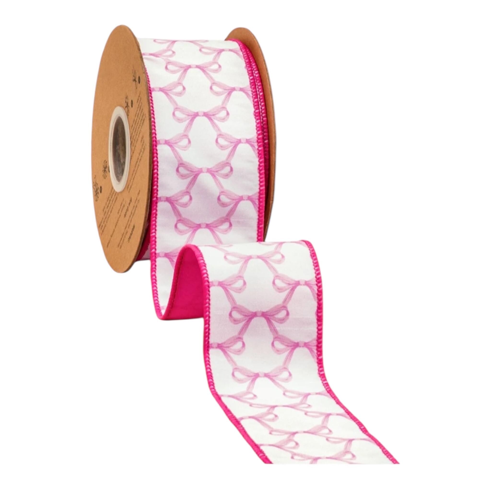 Pink Bow Ribbon, 2.5” Wired Dupioni, White & Pink