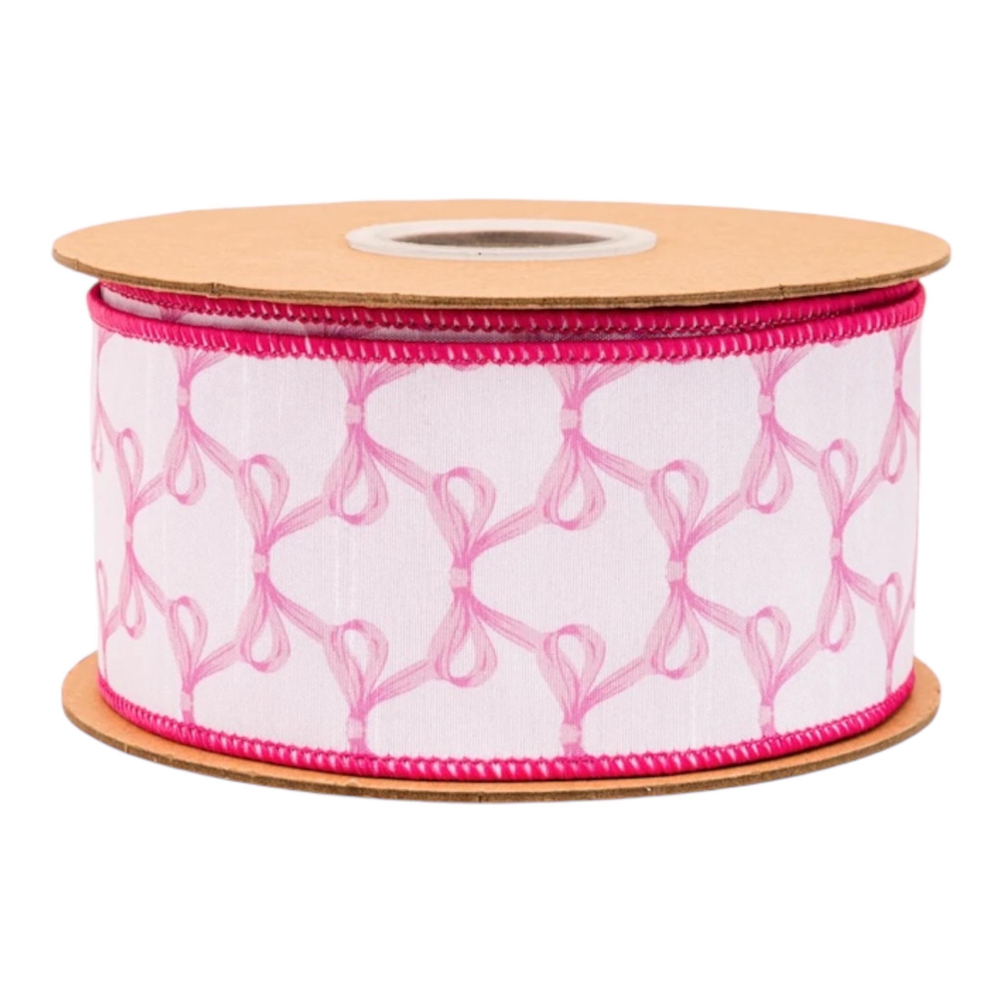 Pink Bow Ribbon, 2.5” Wired Dupioni, White & Pink