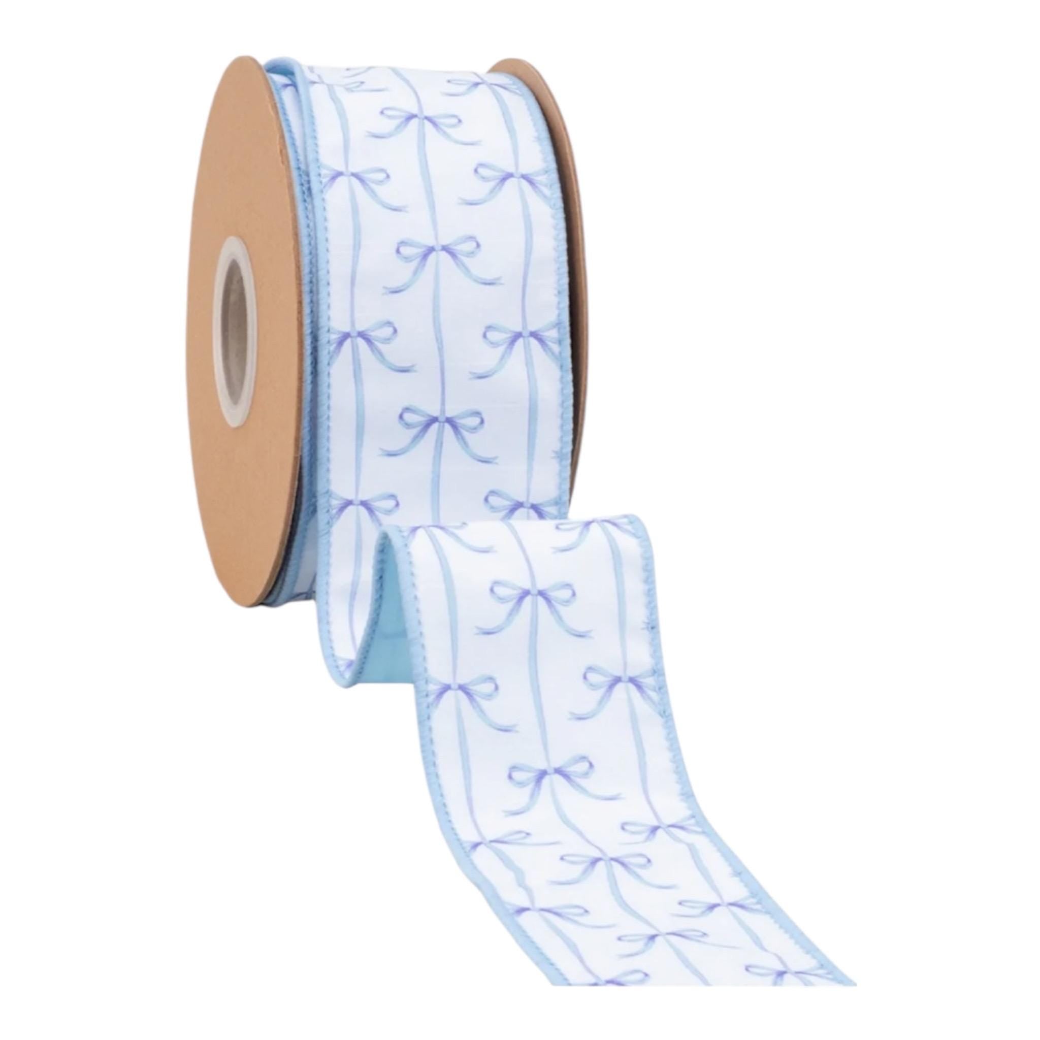 Blue Bow Ribbon, 2.5” Wired Dupioni, White & Blue