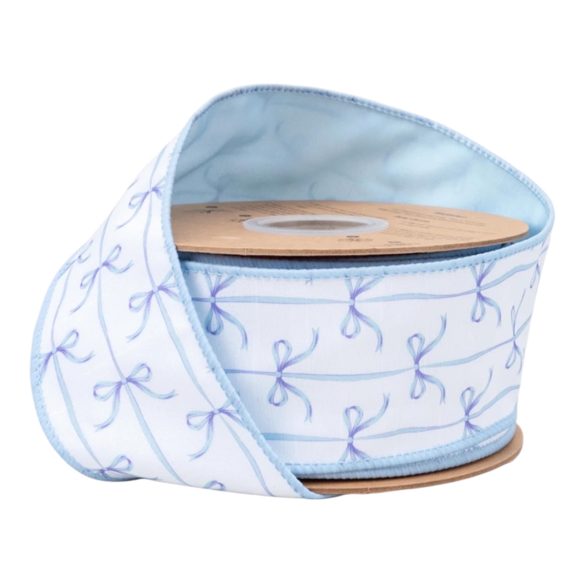 Blue Bow Ribbon, 2.5” Wired Dupioni, White & Blue