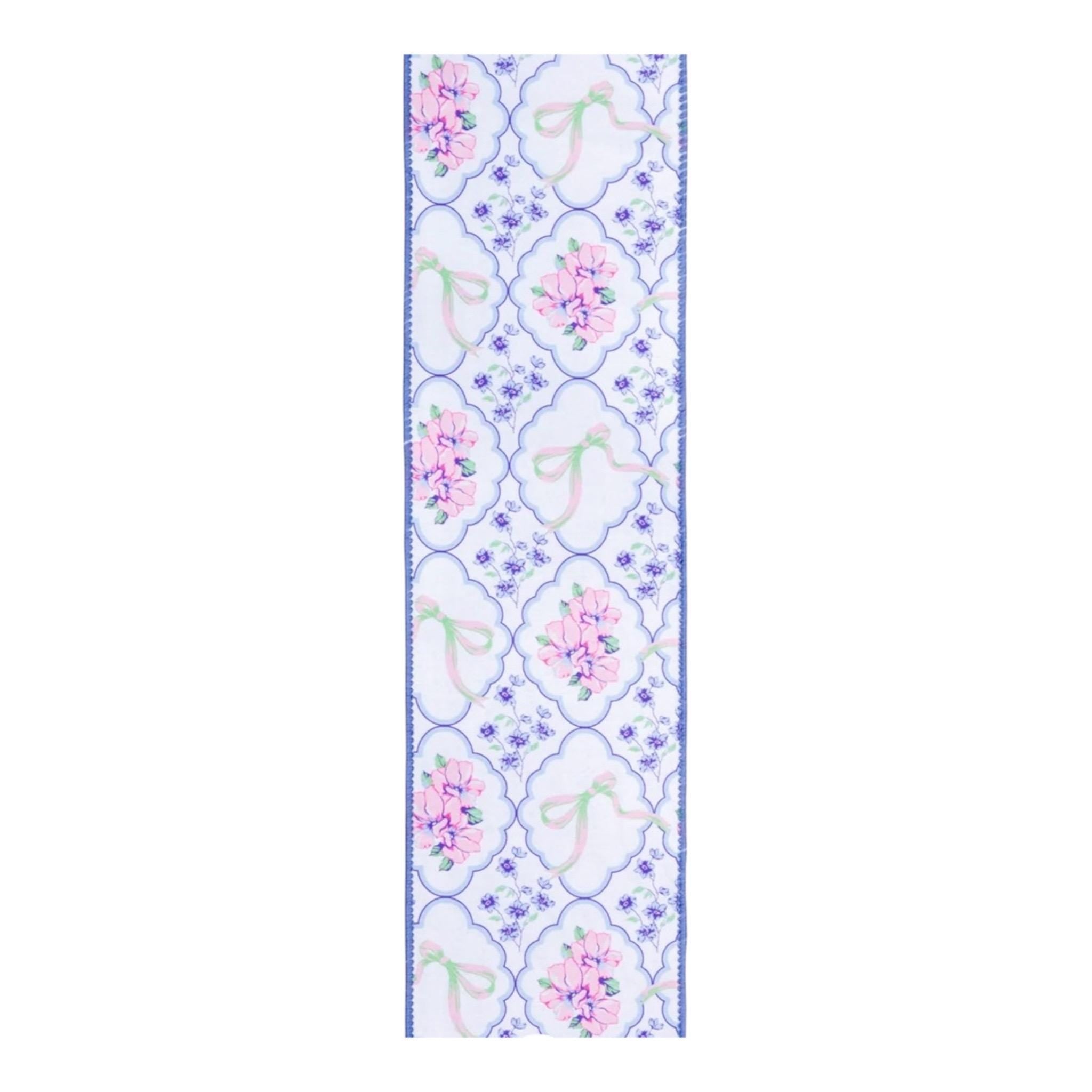 Floral & Bow Medallion Ribbon, 4” Wired Dupioni, Blue Backing