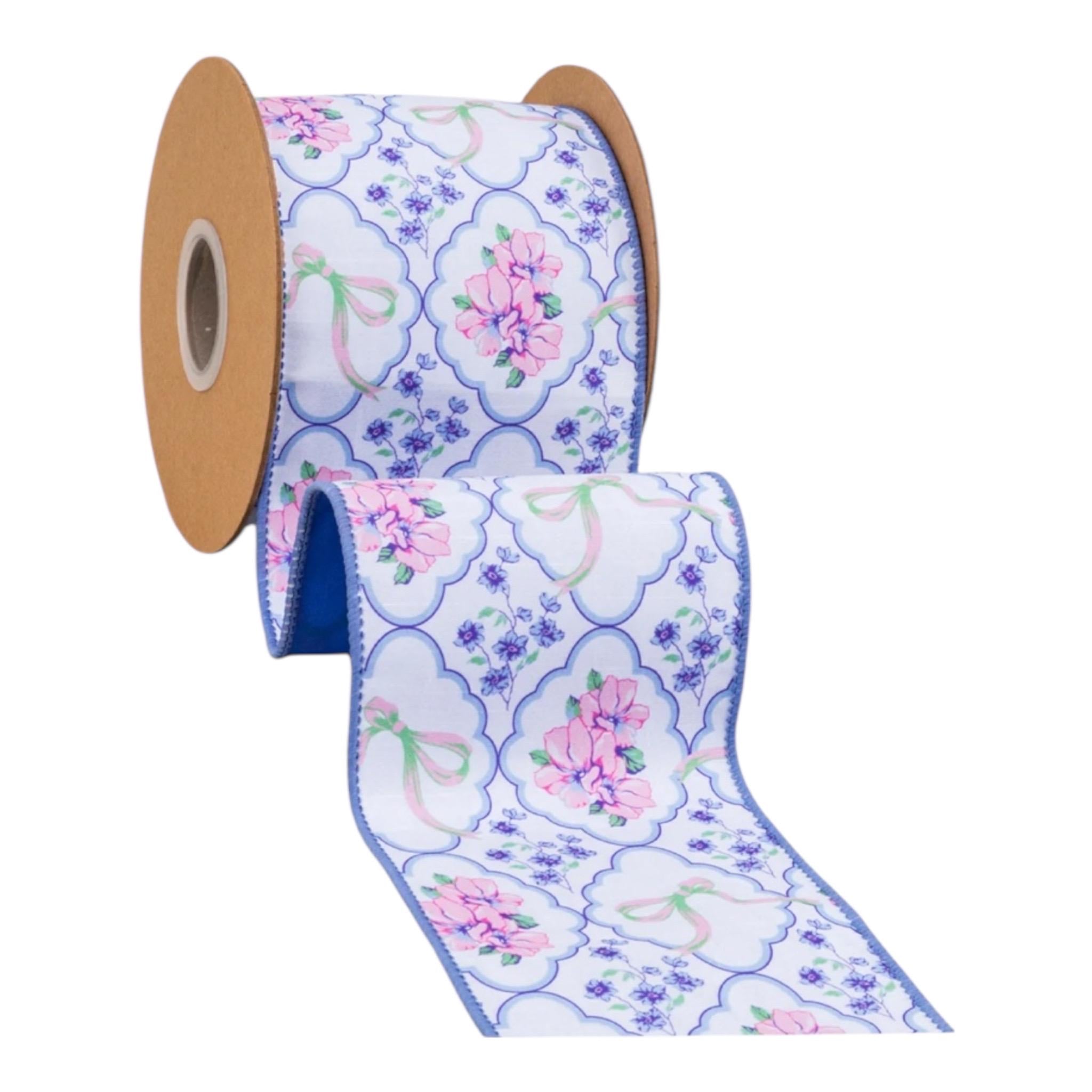 Floral & Bow Medallion Ribbon, 4” Wired Dupioni, Blue Backing