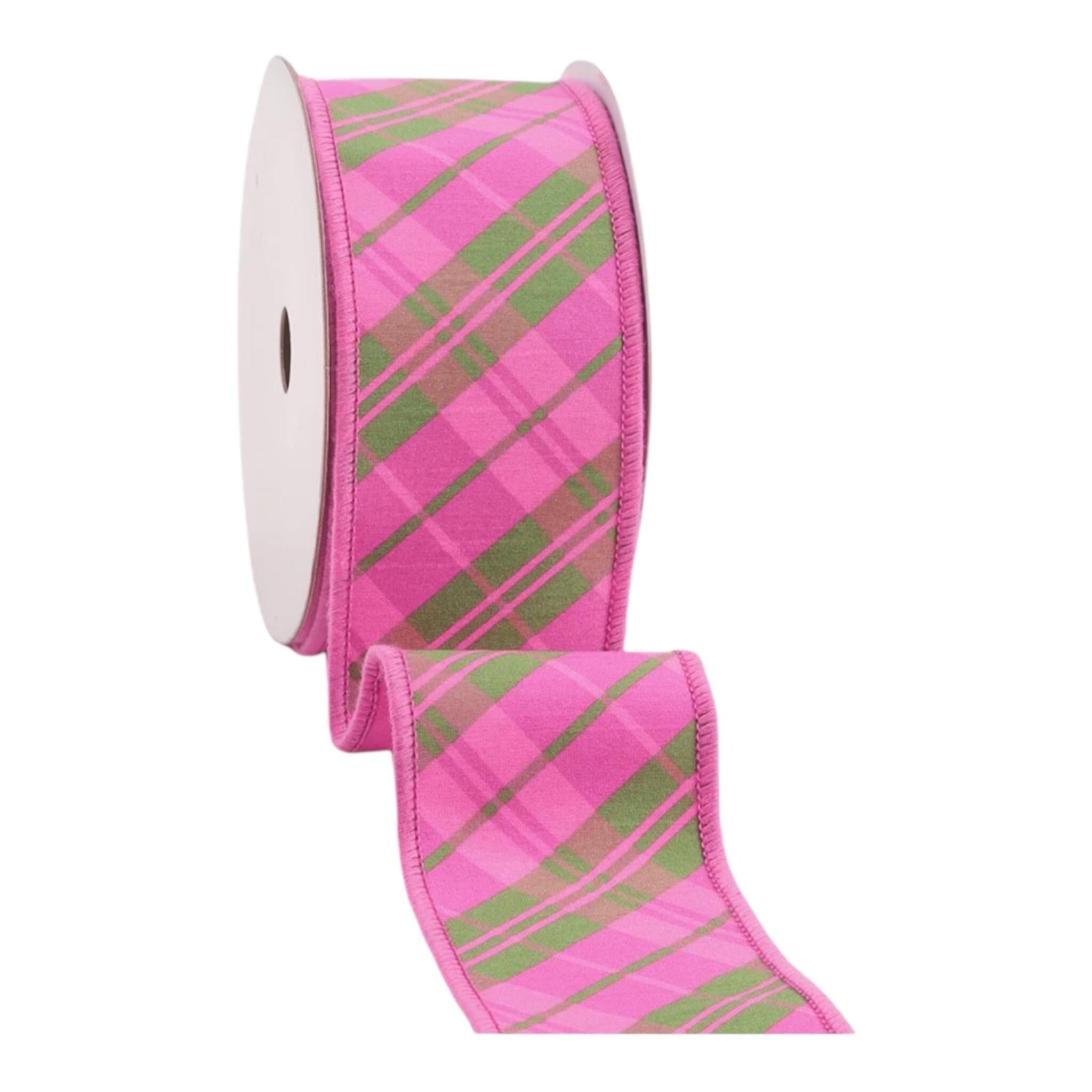 Pink Plaid Wired Ribbon for Wreath Making Designer Ribbon Bow Making Gift Wrapping Mahjong Decor 2.5 inch