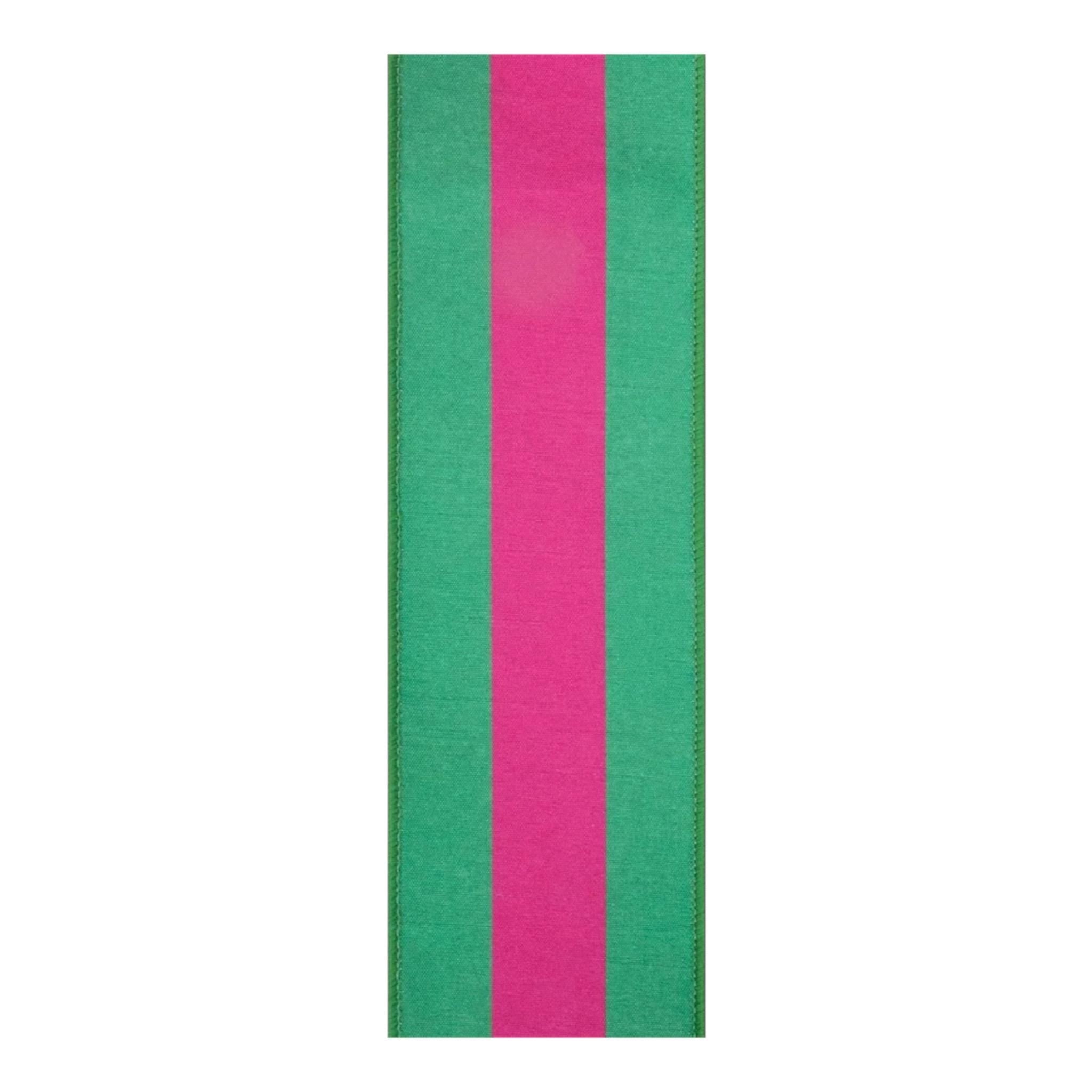 Hot Pink & Green Stripe Ribbon – 2.5” Wired Dupioni