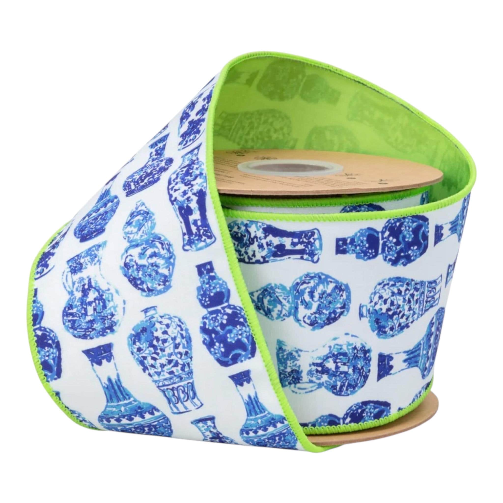 Blue & White Chinoiserie Ribbon with Green Backing – 4” Wired Dupioni, 10 Yard Roll