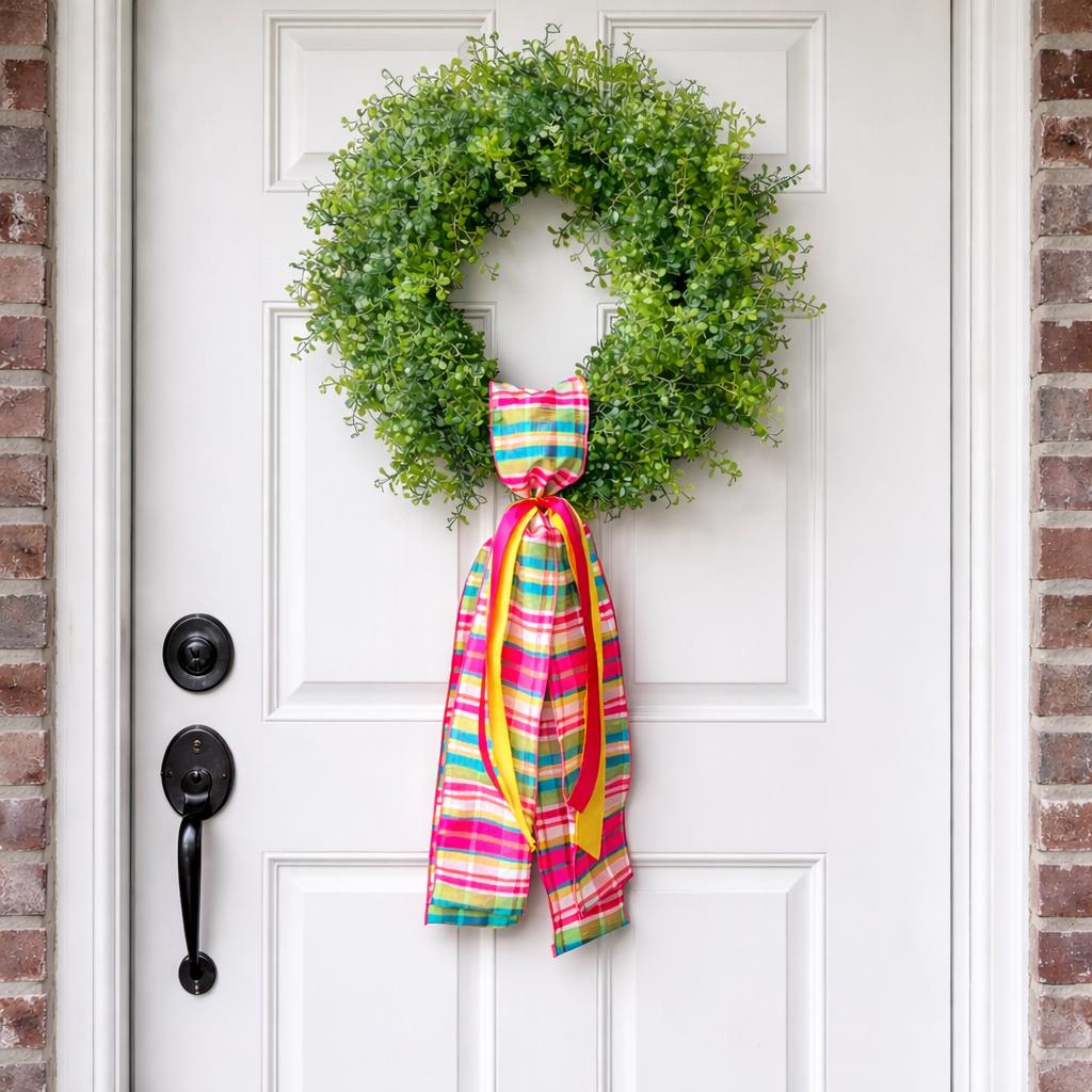 Plaid Wreath Sash with Ribbon Spring Summer Front Door Decor Handmade Bow Ribbon Bundle Accent for Wreaths or Door Displays Home Decor