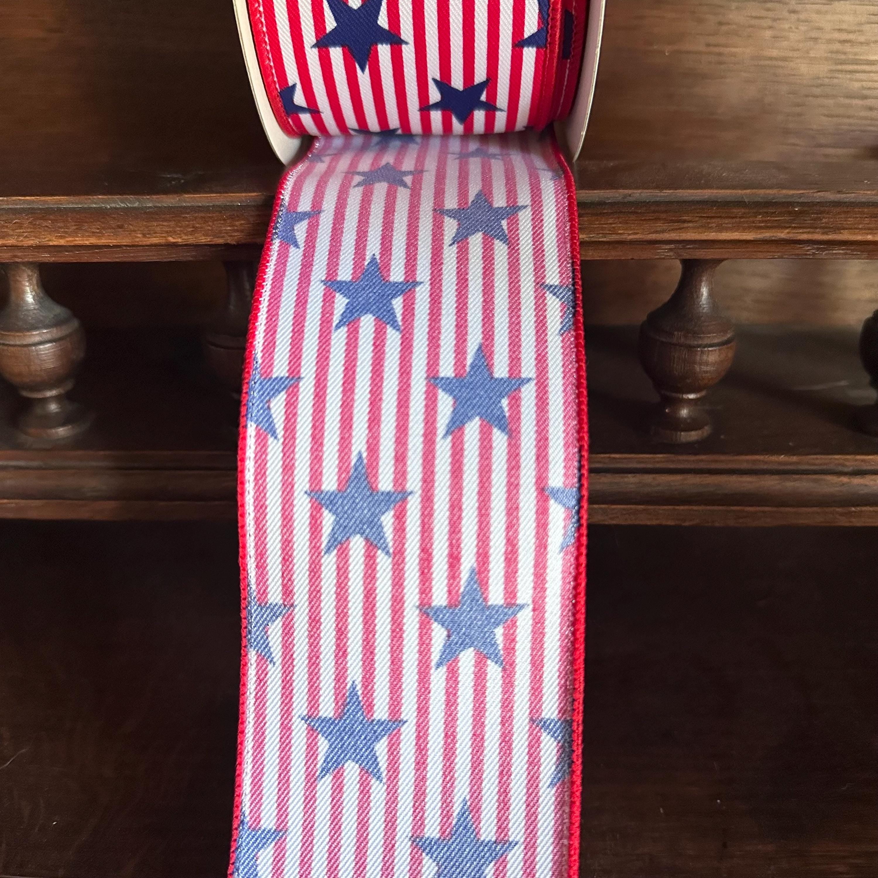 Patriotic Stars and Stripes Wired Ribbon, Red White Blue Star Ribbon, USA Decorative Ribbon 2.5 x 10yds
