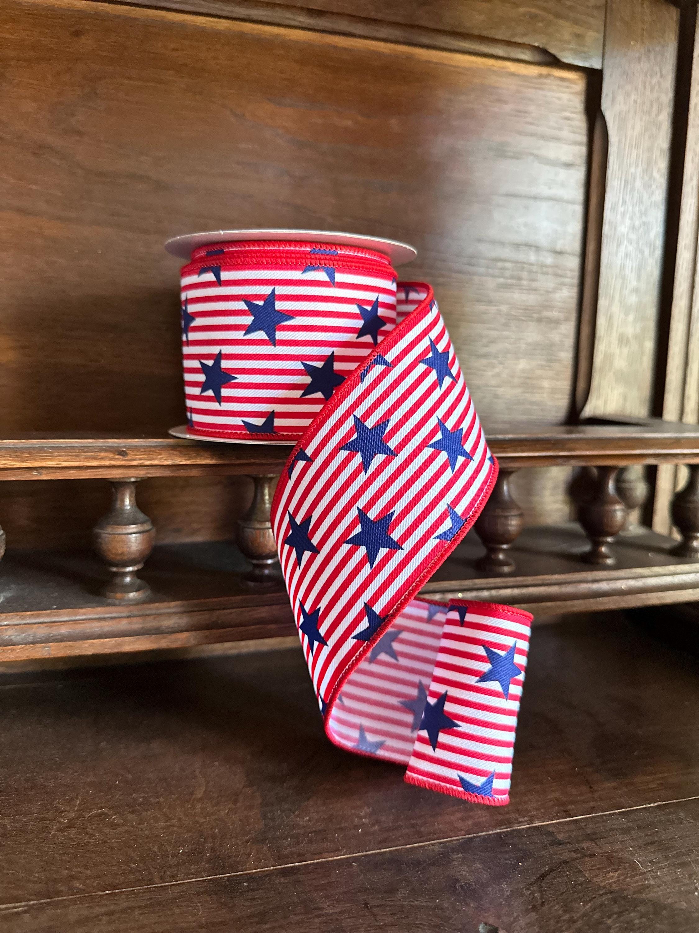 Patriotic Stars and Stripes Wired Ribbon, Red White Blue Star Ribbon, USA Decorative Ribbon 2.5 x 10yds