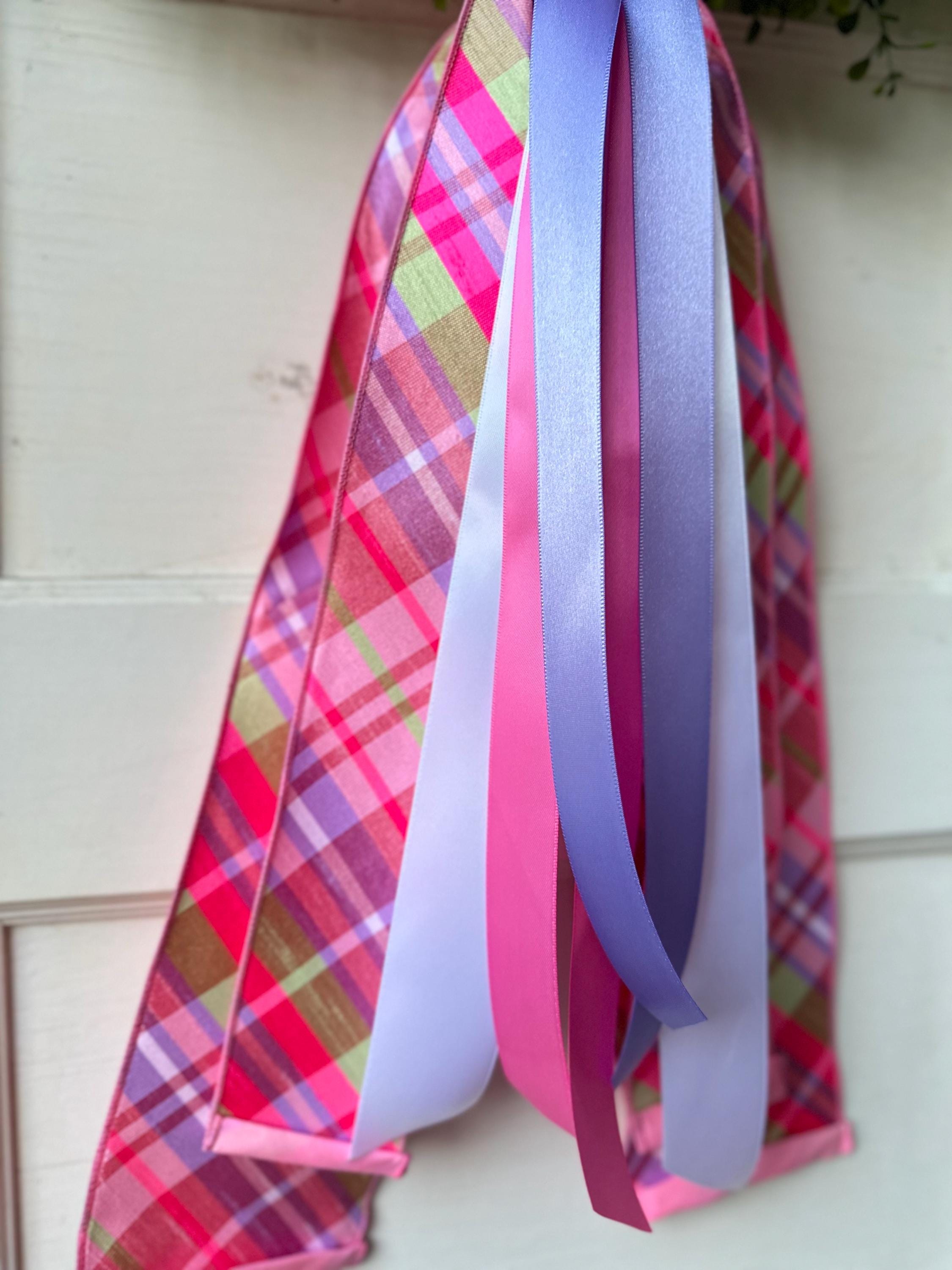 Spring Pink Plaid Wreath Sash for Front Door, Pastel Ribbon Wreath Tie, Easter Door Decor, Boxwood Wreath Accent, Front Door Decor