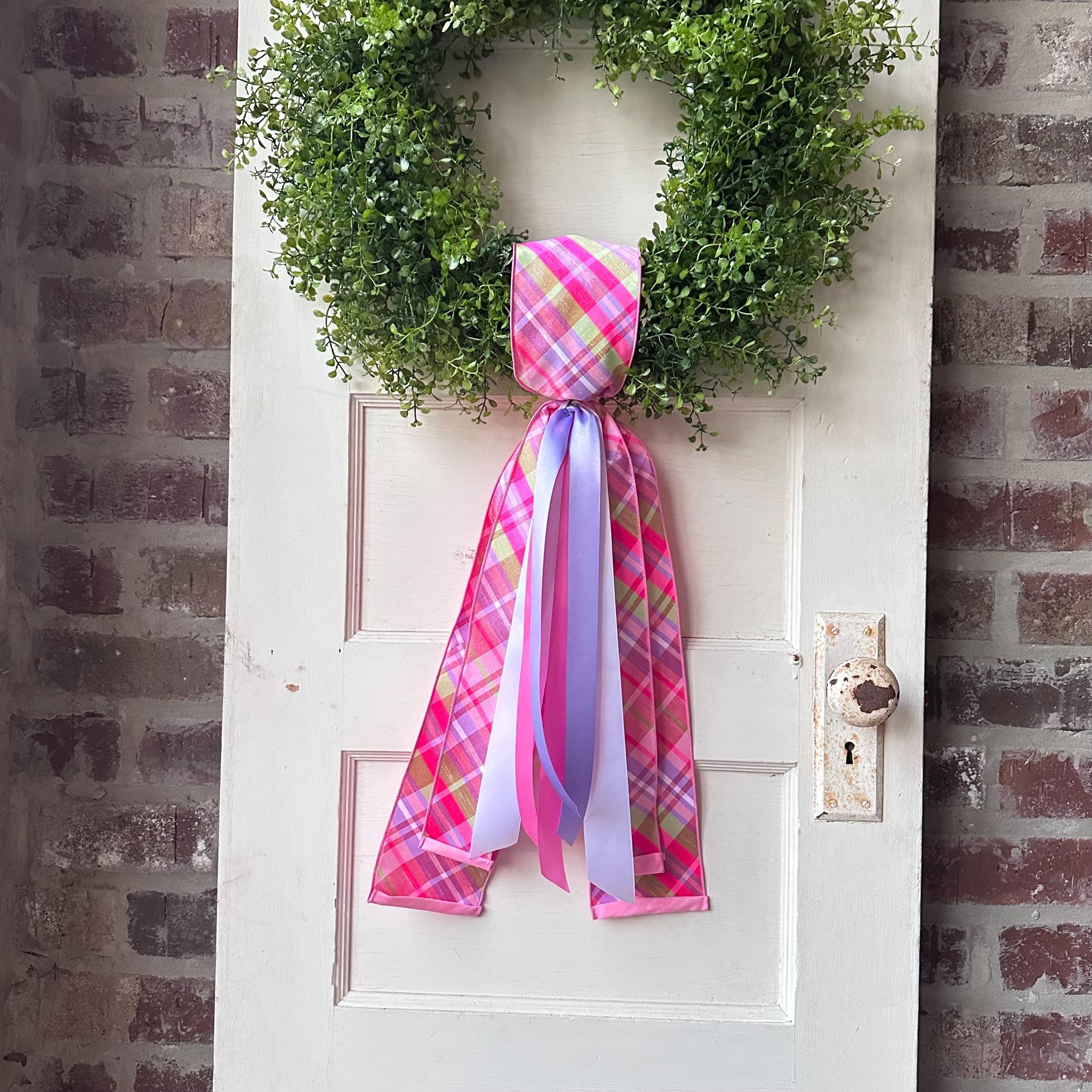 Spring Pink Plaid Wreath Sash for Front Door, Pastel Ribbon Wreath Tie, Easter Door Decor, Boxwood Wreath Accent, Front Door Decor