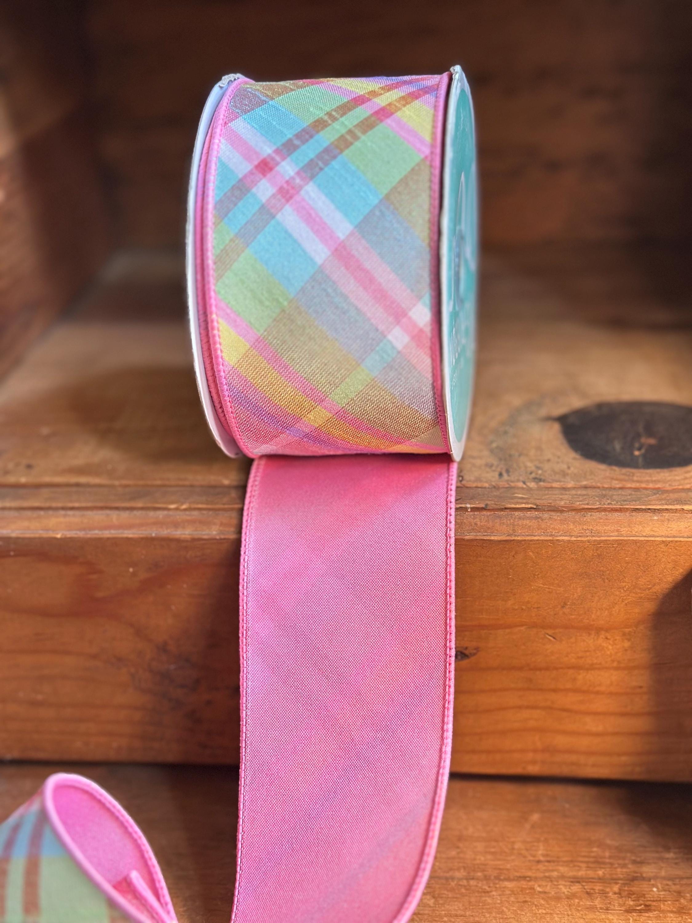 Pastel Plaid Wired Ribbon Diagonal Spring Easter Ribbon Pink Green Faux Dupioni Style Wreath Bow Craft Ribbon Spring Ribbon Summer Ribbon