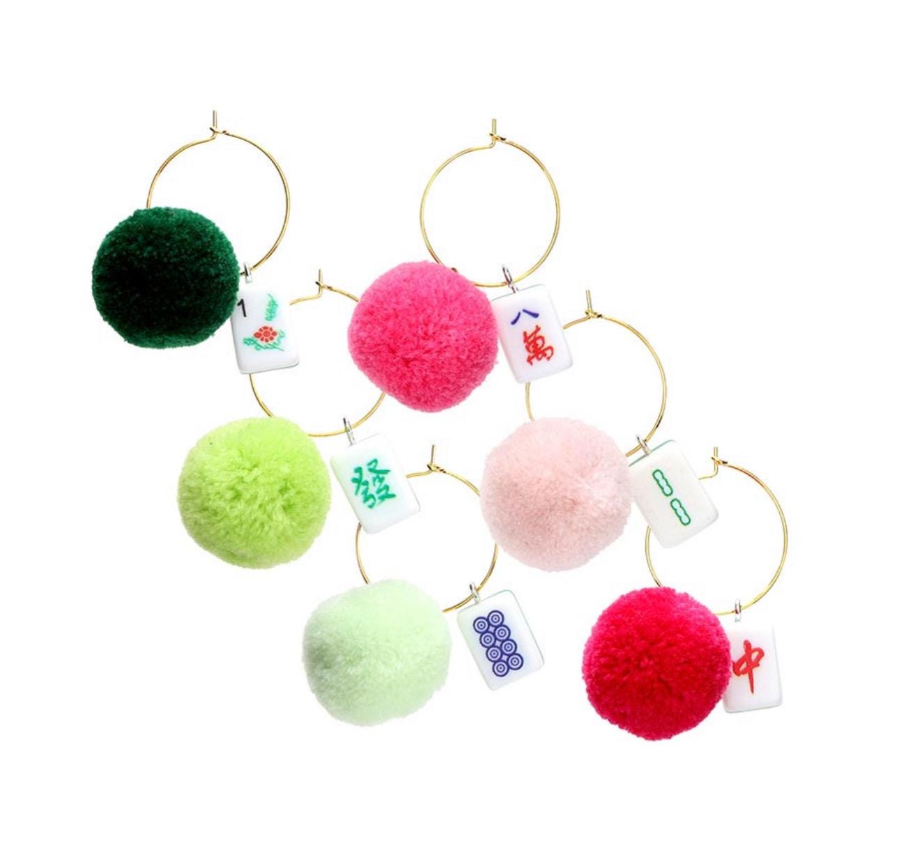 Mahjong Pom Pom Wine Charms | Colorful Game Night Drink Markers