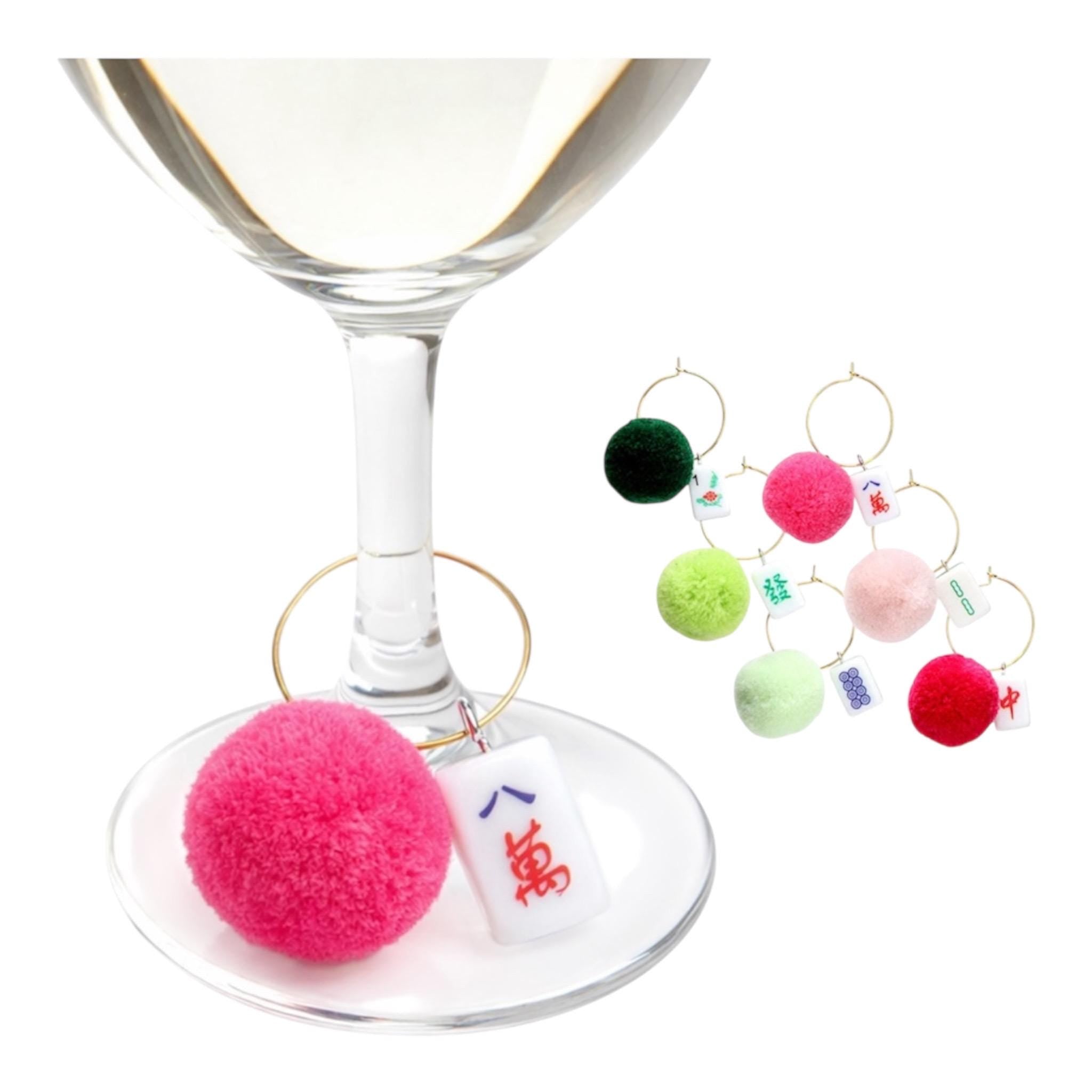 Mahjong Pom Pom Wine Charms | Colorful Game Night Drink Markers