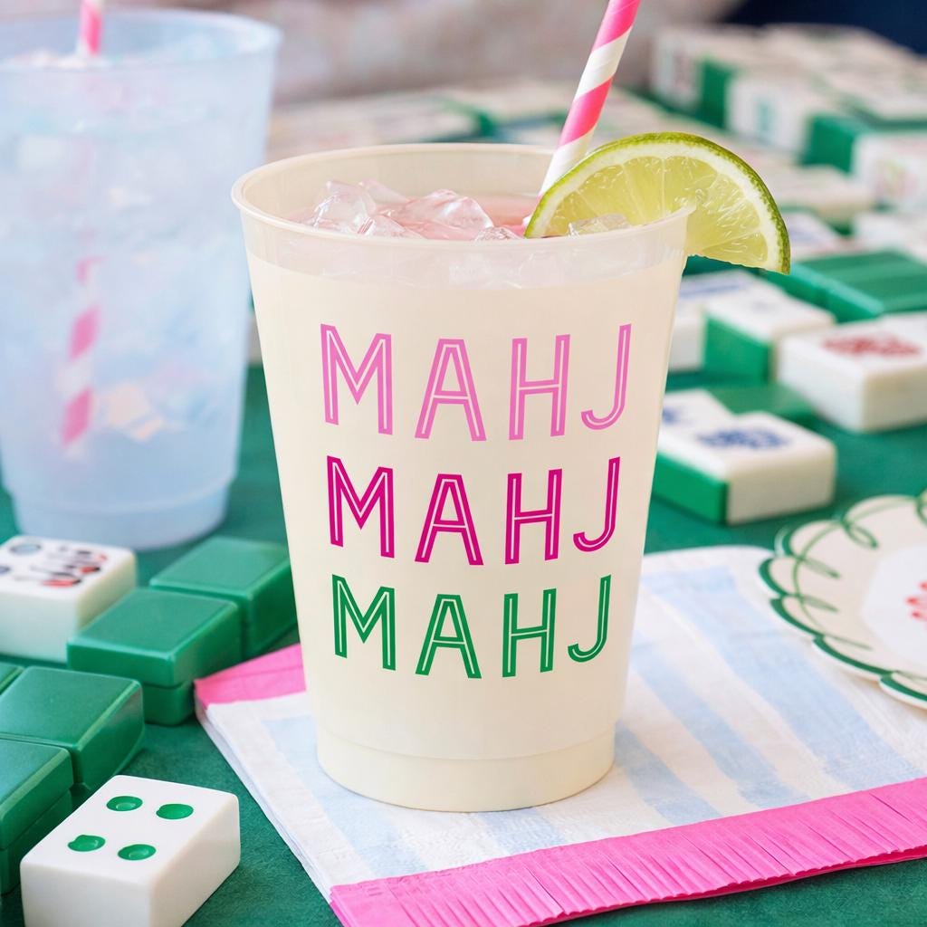 Mahjong Frosted Cups 16oz Cream | Mahj Mahj Mahj Party Cups Set of 8 | Mahjong Party Drinkware