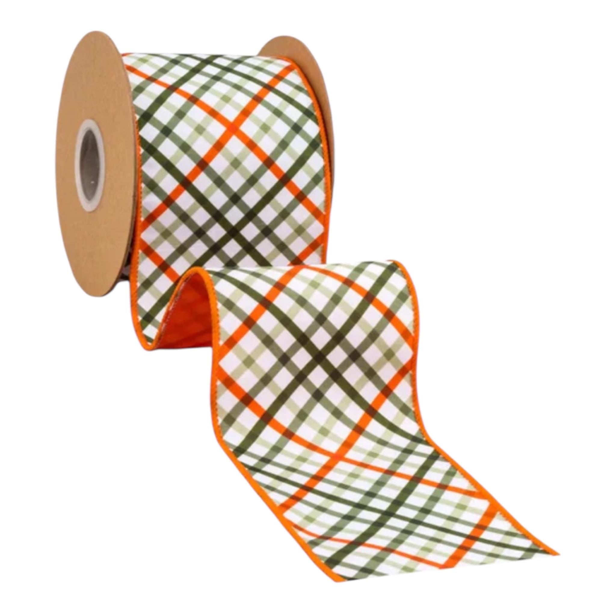 Plaid Ribbon Wide Wired Orange and Green Plaid Ribbon Easter Wreath Ribbon Carrot Wreath Ribbon Spring Ribbon