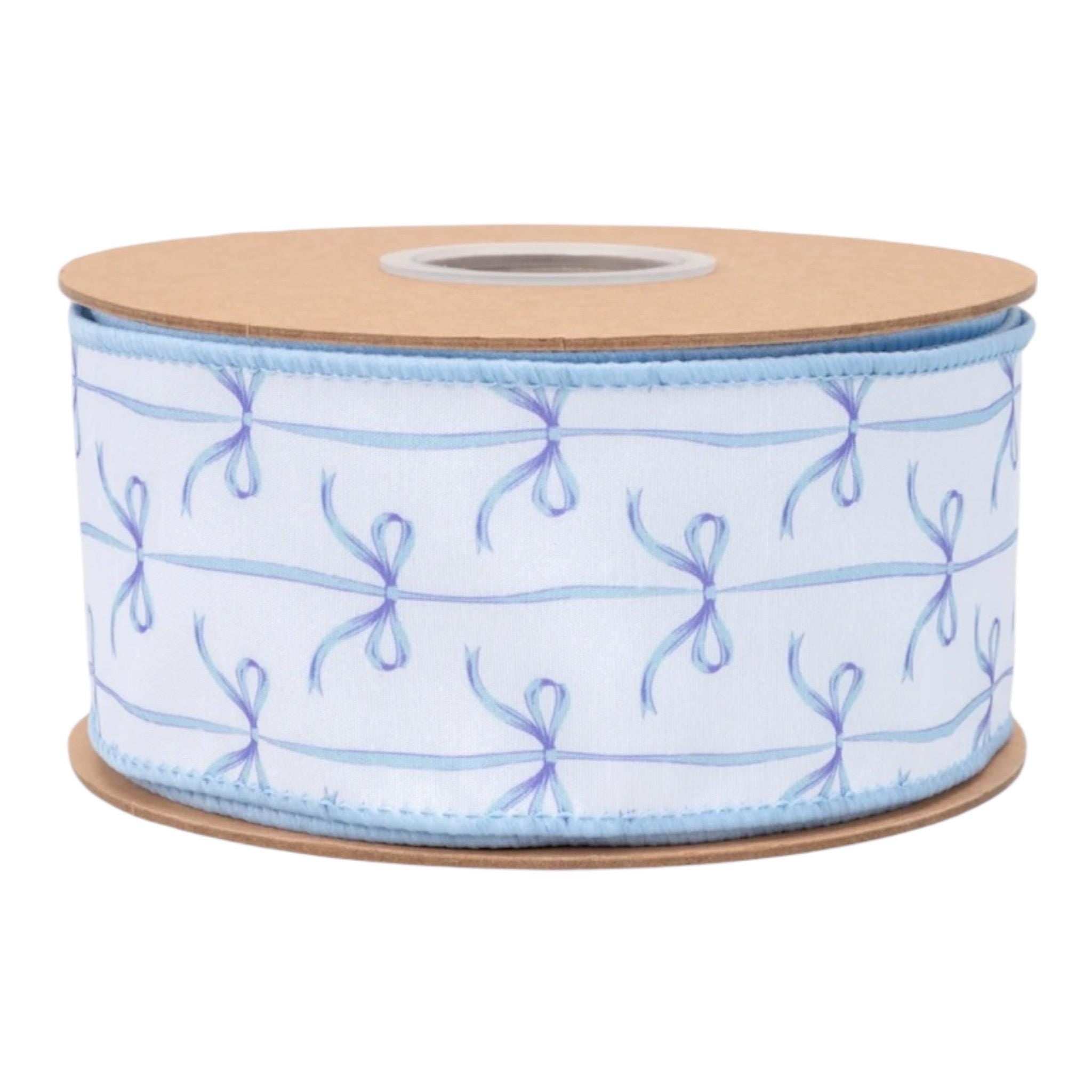 Blue Bow Ribbon, 2.5” Wired Dupioni, White & Blue