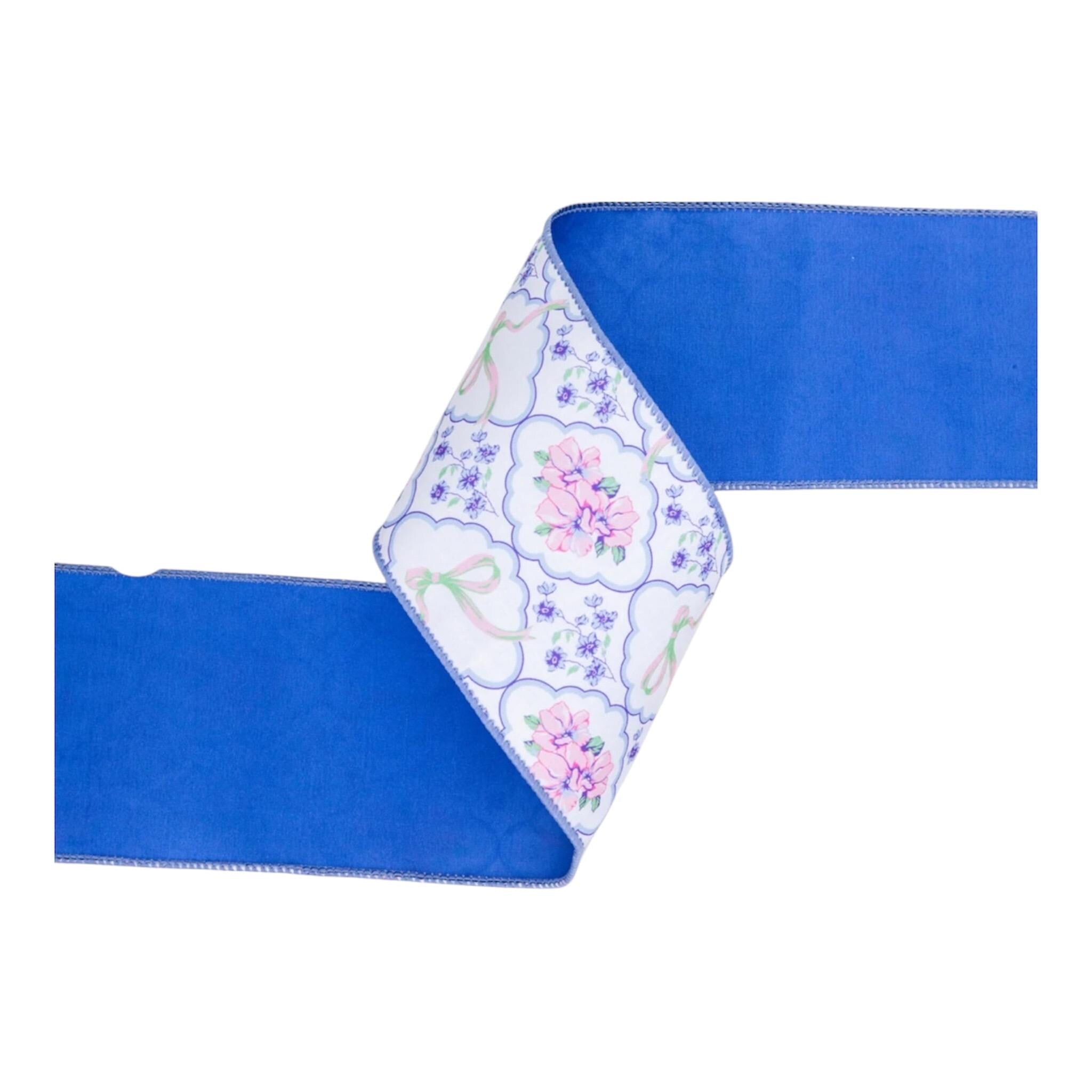 Floral & Bow Medallion Ribbon, 4” Wired Dupioni, Blue Backing