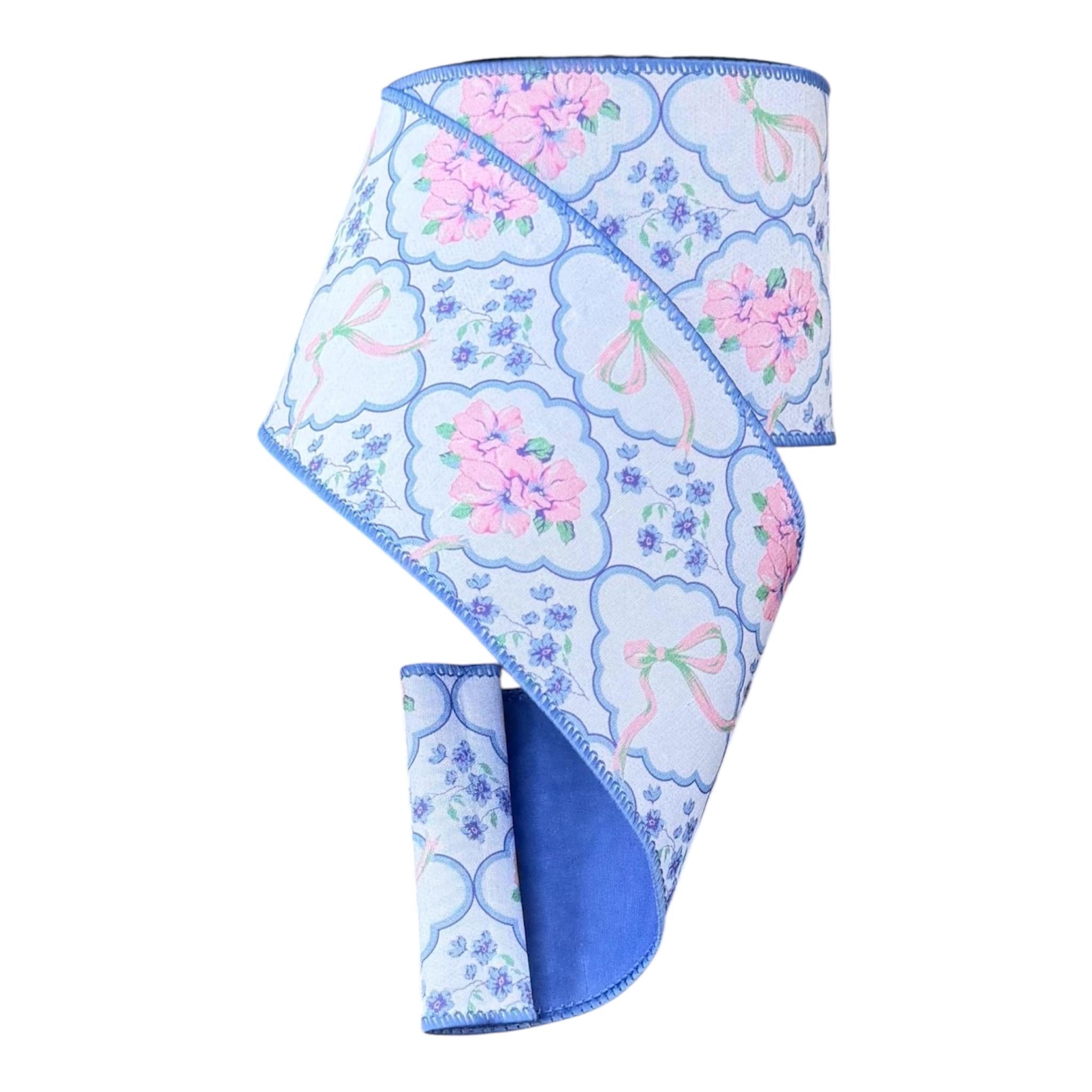 Floral & Bow Medallion Ribbon, 4” Wired Dupioni, Blue Backing