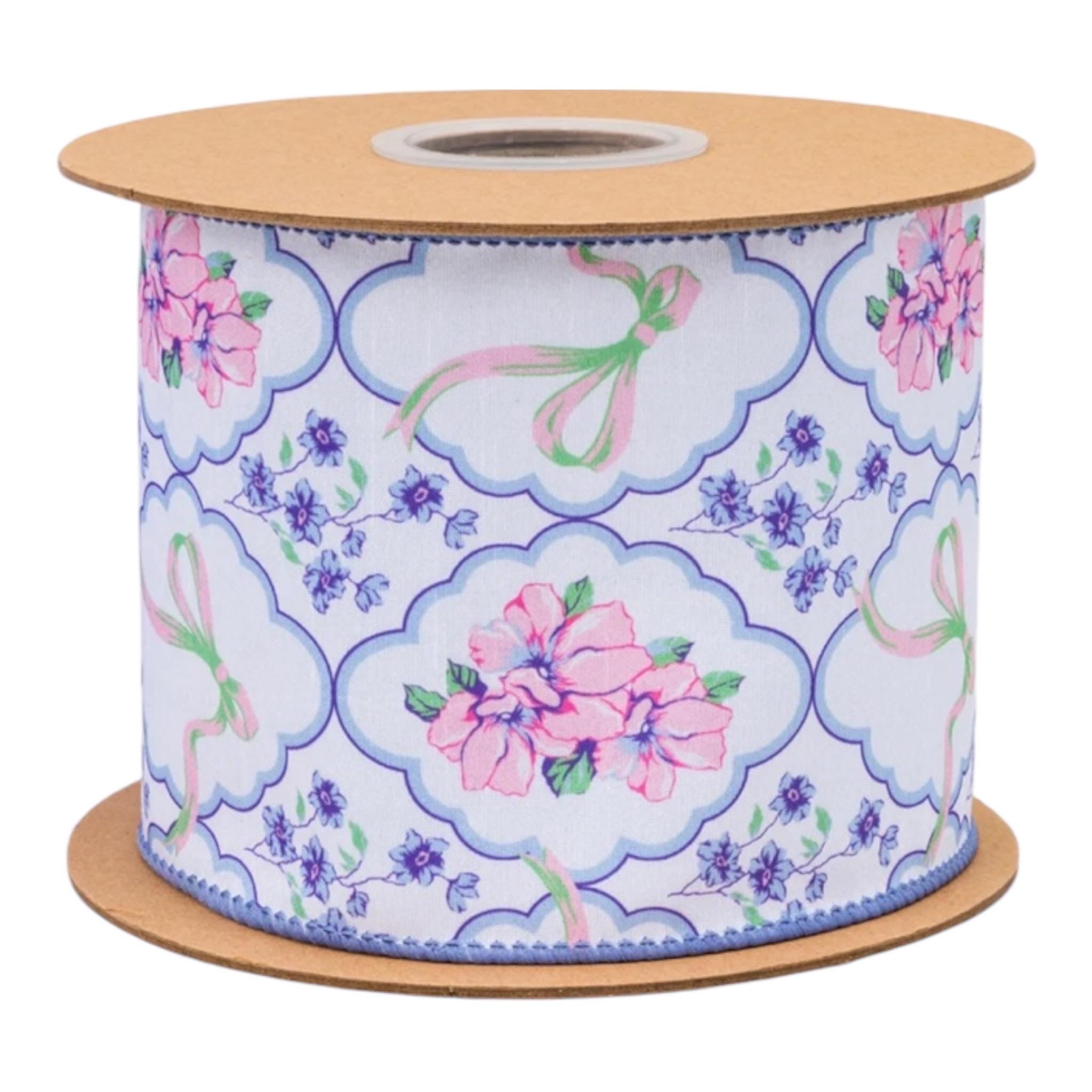 Floral & Bow Medallion Ribbon, 4” Wired Dupioni, Blue Backing