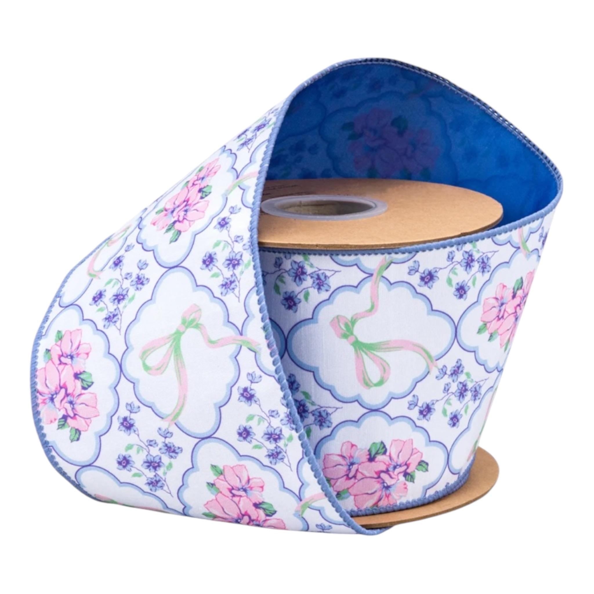 Floral & Bow Medallion Ribbon, 4” Wired Dupioni, Blue Backing
