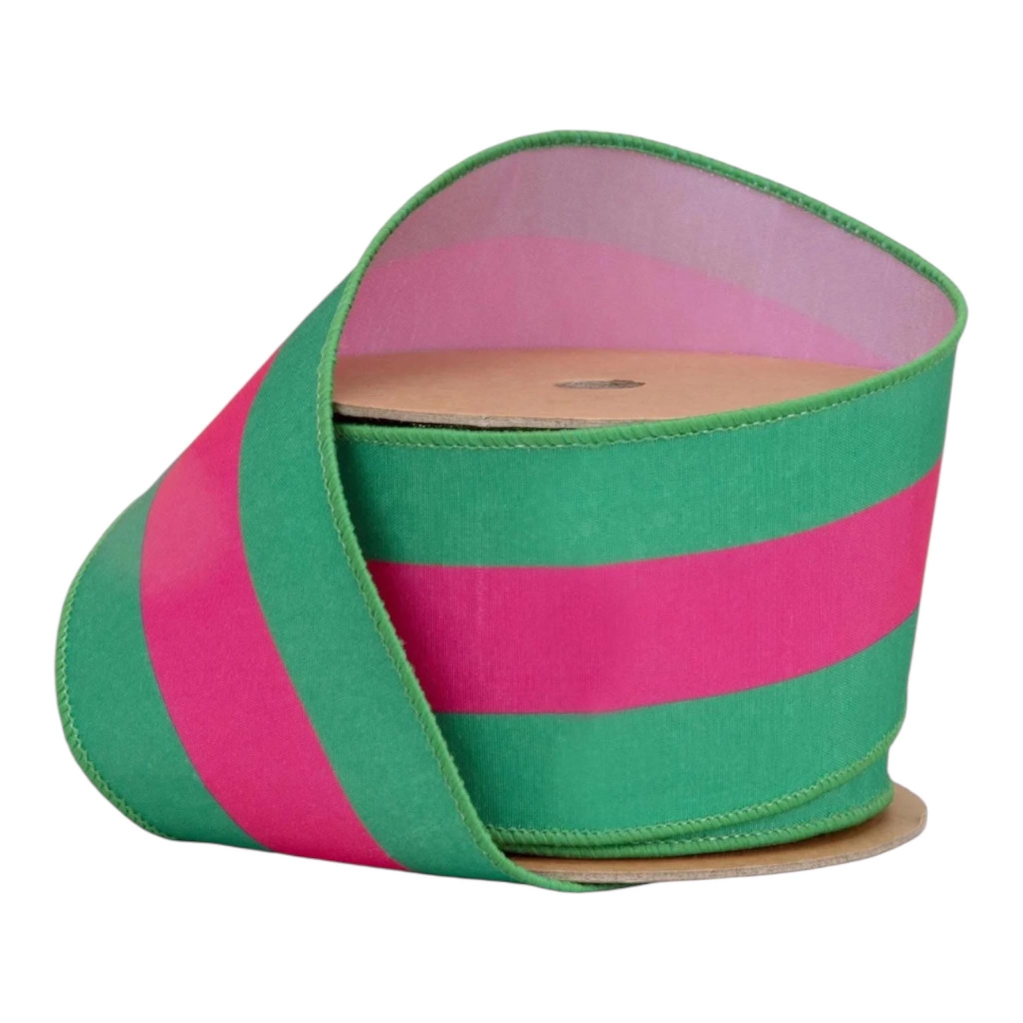 Hot Pink & Green Stripe Ribbon – 2.5” Wired Dupioni