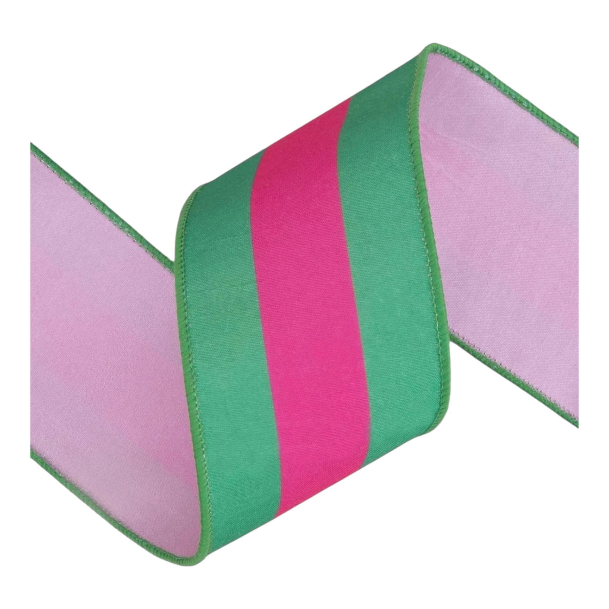 Hot Pink & Green Stripe Ribbon – 2.5” Wired Dupioni