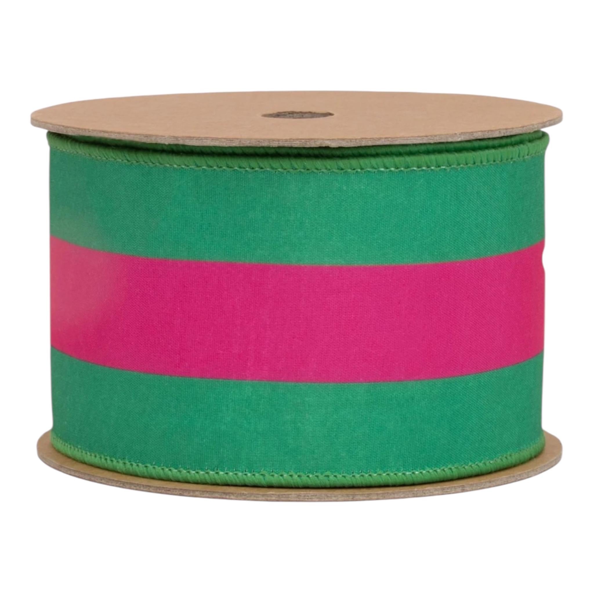 Hot Pink & Green Stripe Ribbon – 2.5” Wired Dupioni