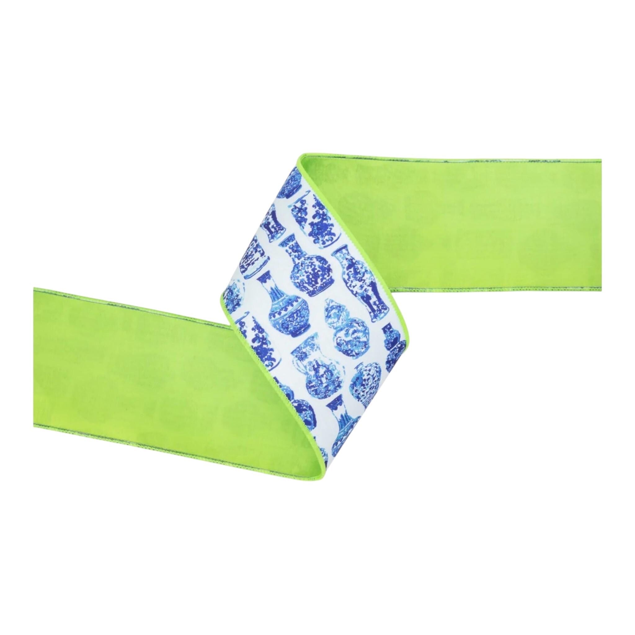 Blue & White Chinoiserie Ribbon with Green Backing – 4” Wired Dupioni, 10 Yard Roll
