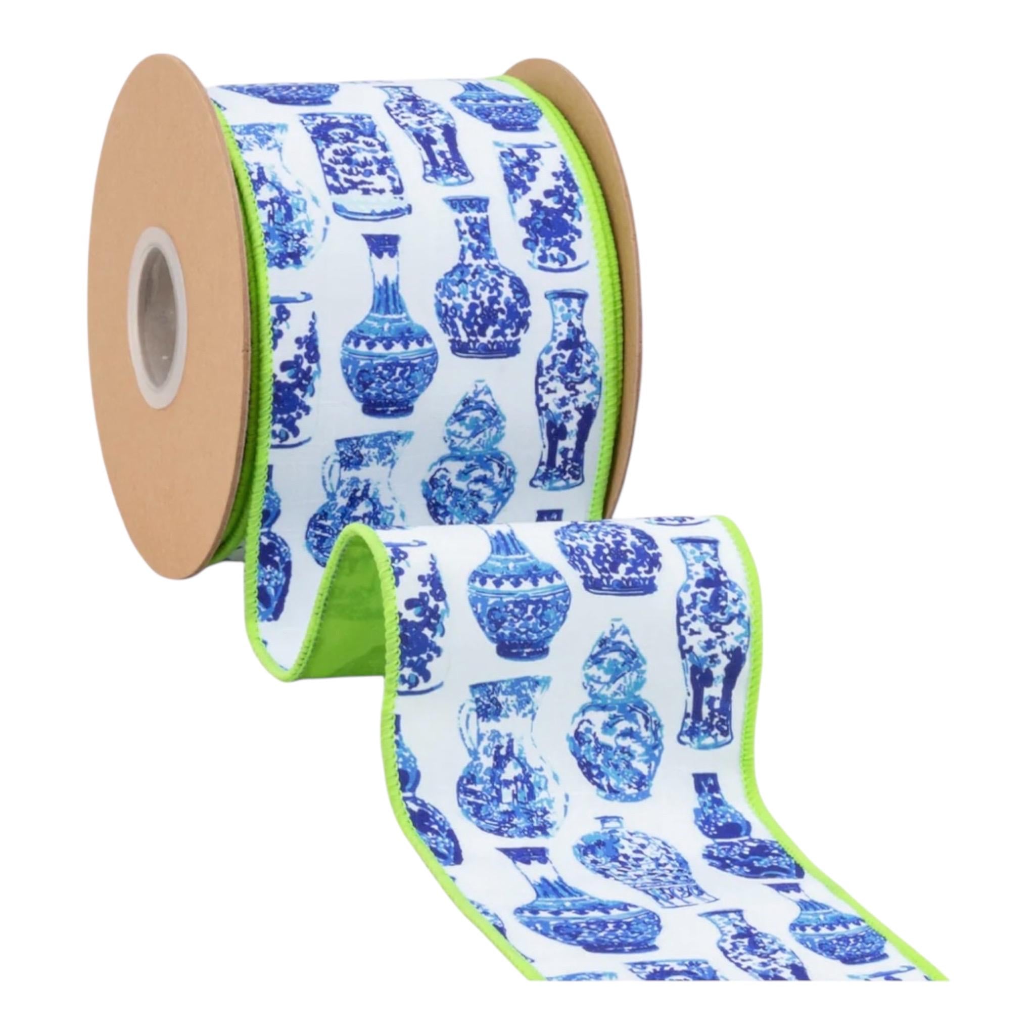 Blue & White Chinoiserie Ribbon with Green Backing – 4” Wired Dupioni, 10 Yard Roll