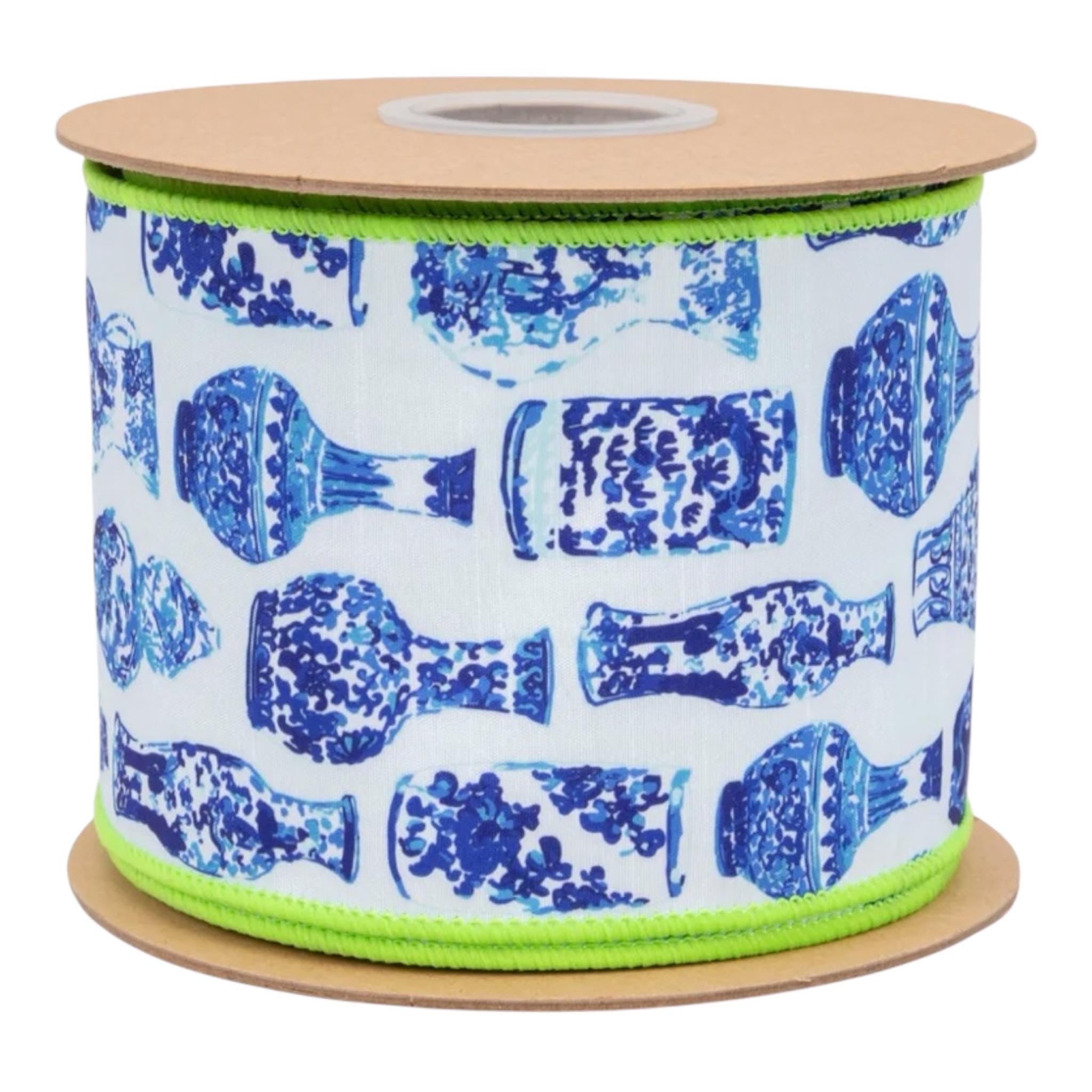 Blue & White Chinoiserie Ribbon with Green Backing – 4” Wired Dupioni, 10 Yard Roll