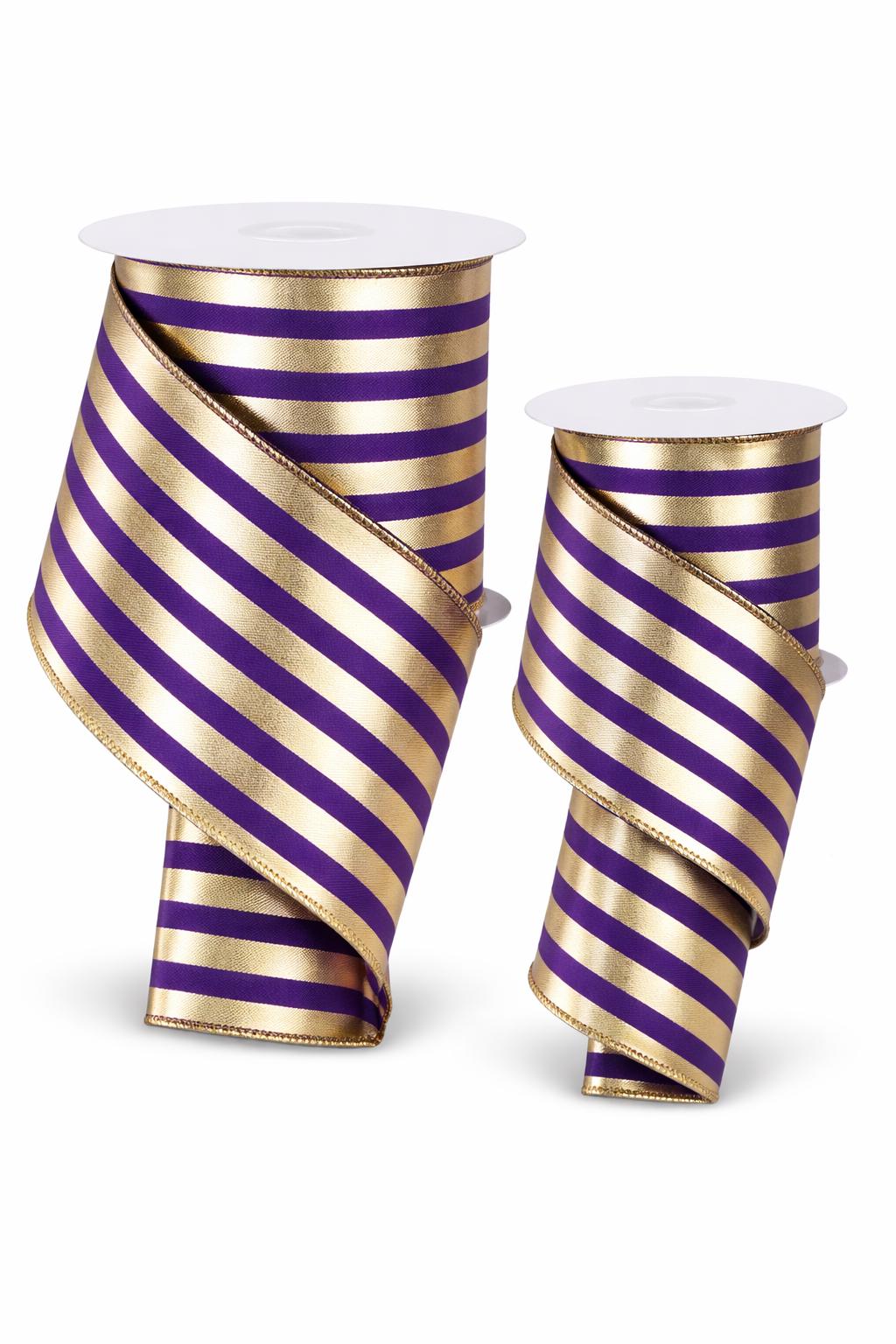 Purple Gold Metallic Stripe Wired Edge Ribbon Christmas Ribbon Fall Ribbon Vertical Stripe Ribbon for Bows Wreaths Holiday Decor Bow Making