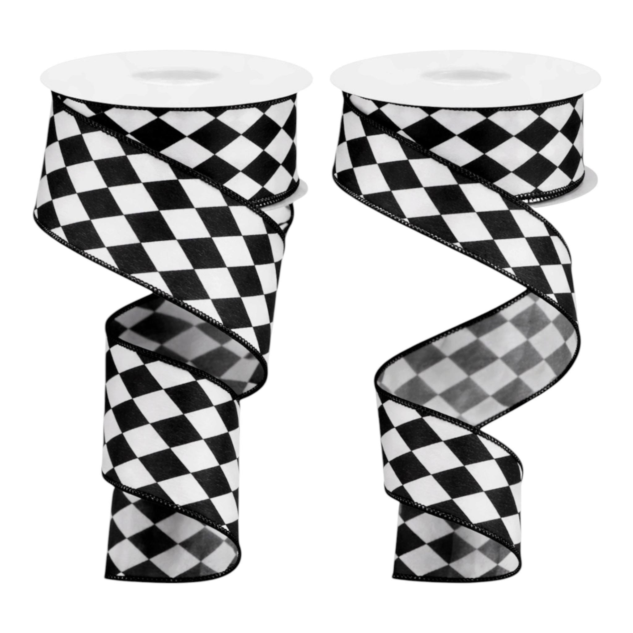 Harlequin Ribbon Craft Supply for Wreath Making Nutcracker Design Holiday Decor Accent Piece Black White Bow Diamond Mardi Gras Ribbon