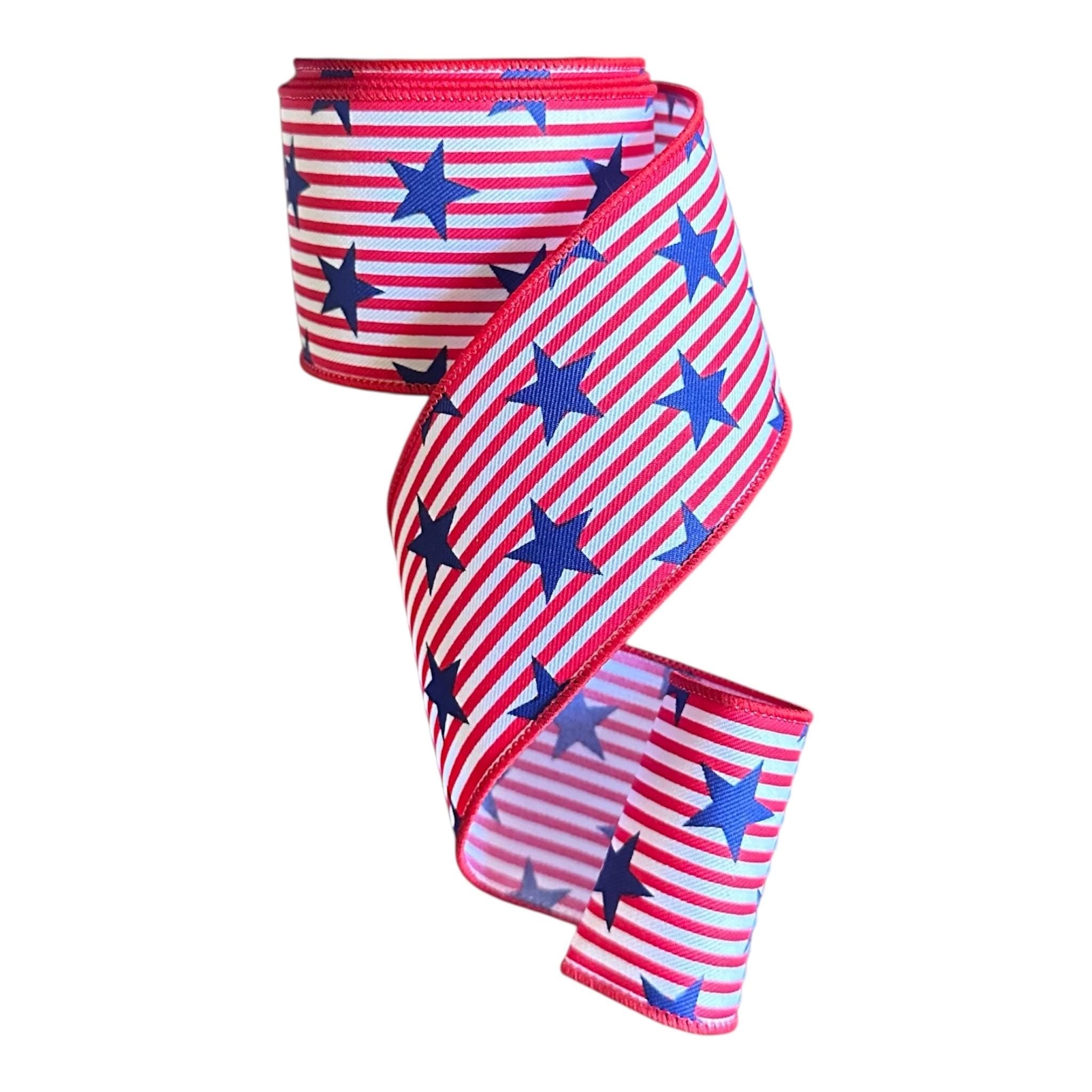 Patriotic Stars and Stripes Wired Ribbon, Red White Blue Star Ribbon, USA Decorative Ribbon 2.5 x 10yds