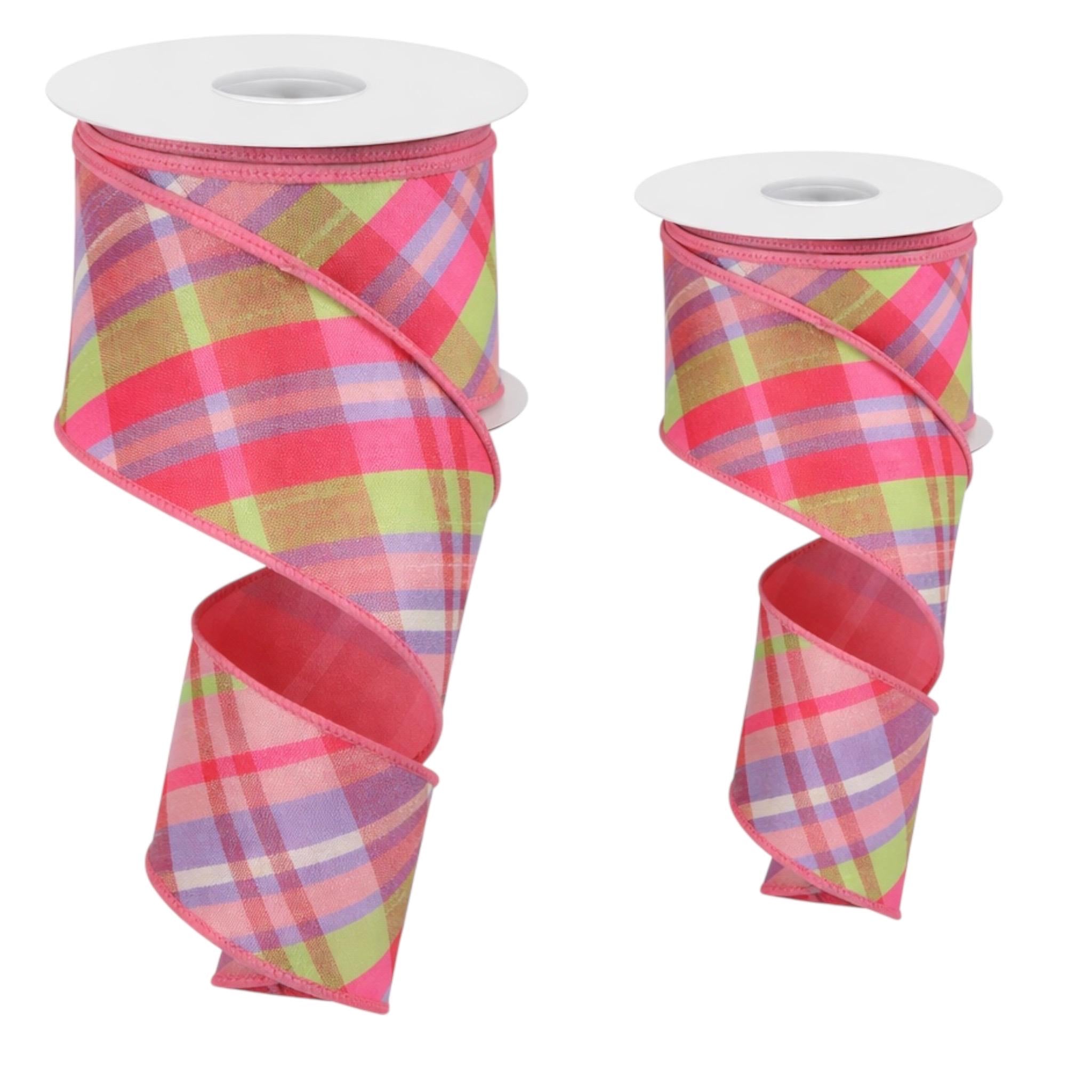 Pink Pastel Plaid Wired Ribbon with Fused Back Spring Easter Designer Ribbon for Wreaths Bows Crafts Spring Ribbon Summer Ribbon