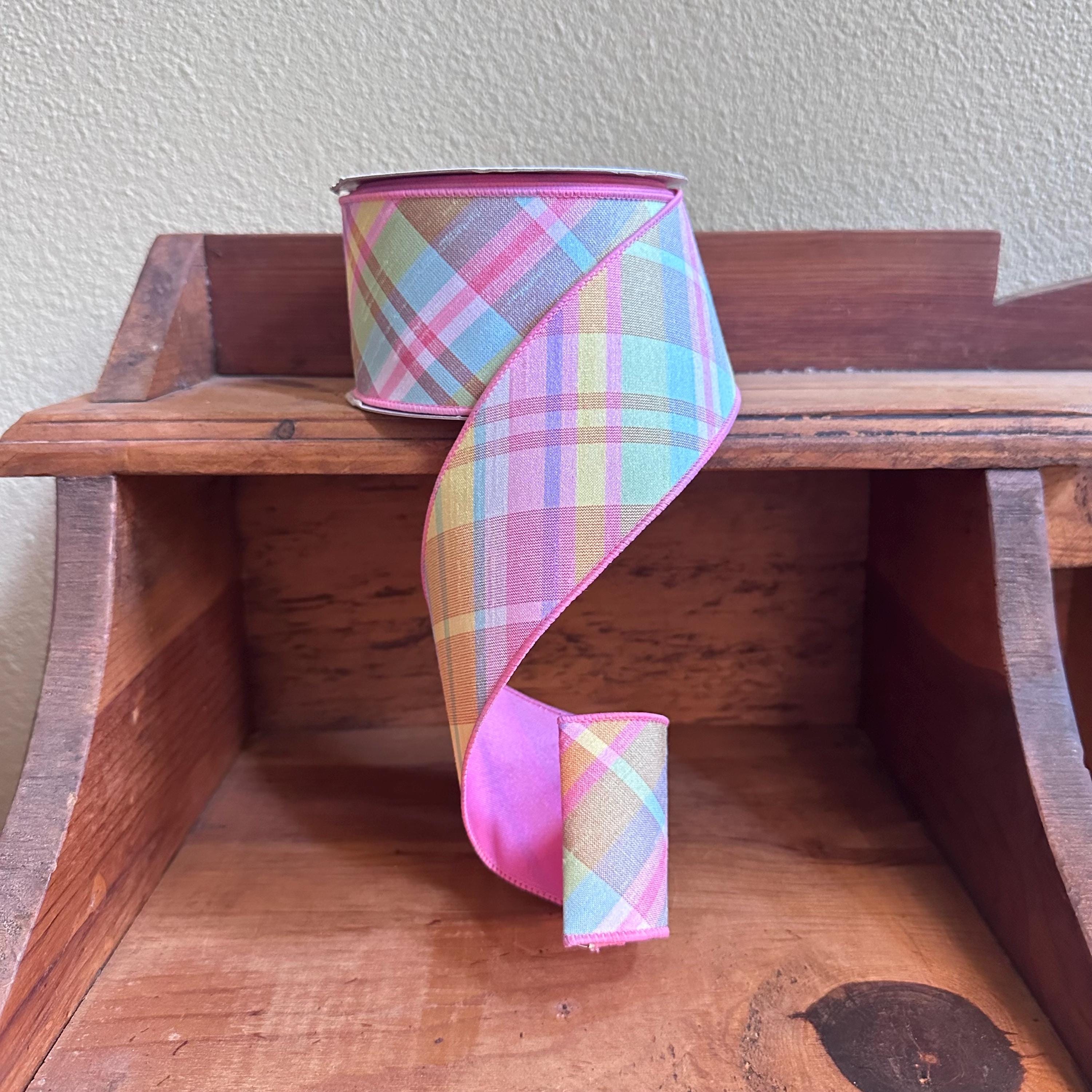 Pastel Plaid Wired Ribbon Diagonal Spring Easter Ribbon Pink Green Faux Dupioni Style Wreath Bow Craft Ribbon Spring Ribbon Summer Ribbon