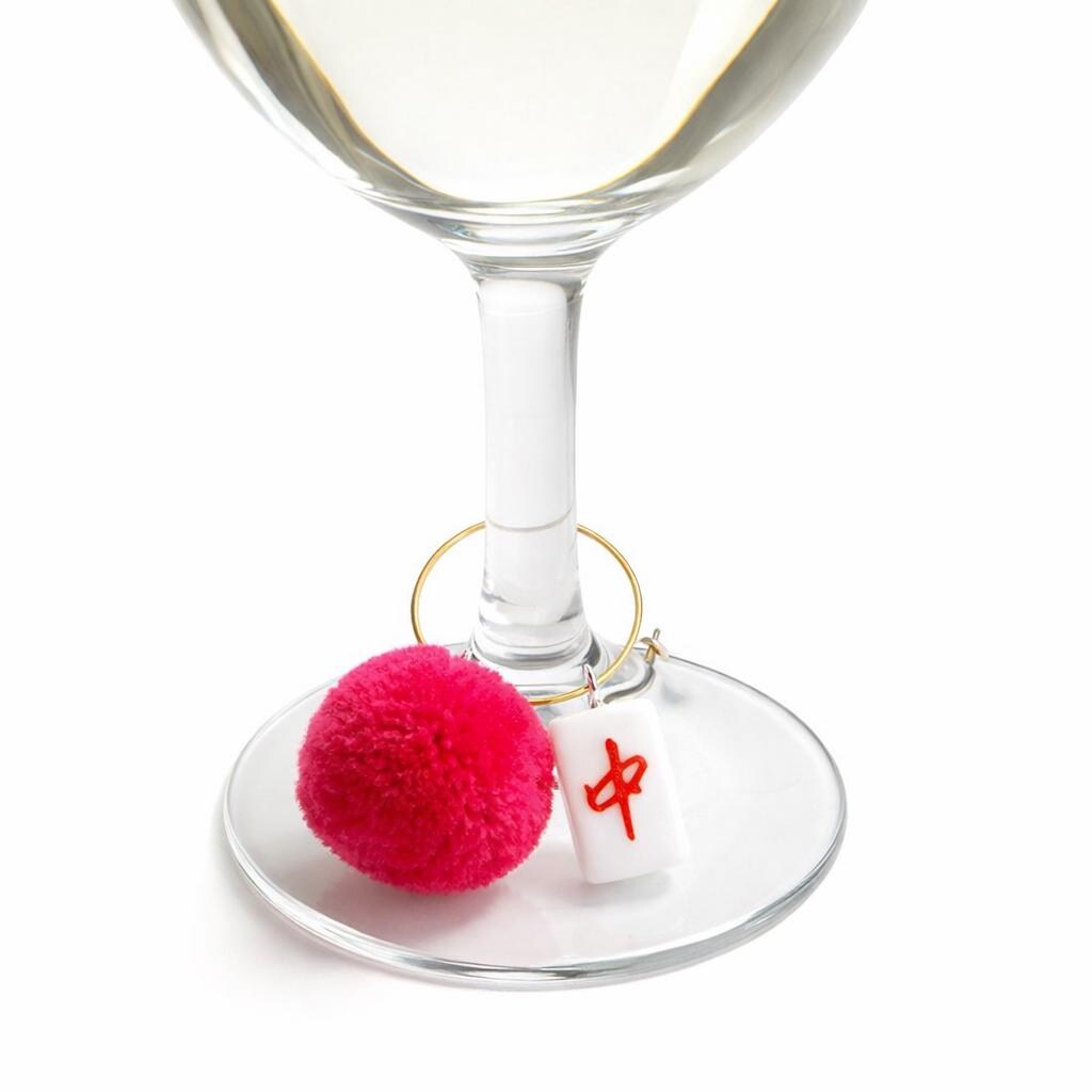 Mahjong Pom Pom Wine Charms | Colorful Game Night Drink Markers