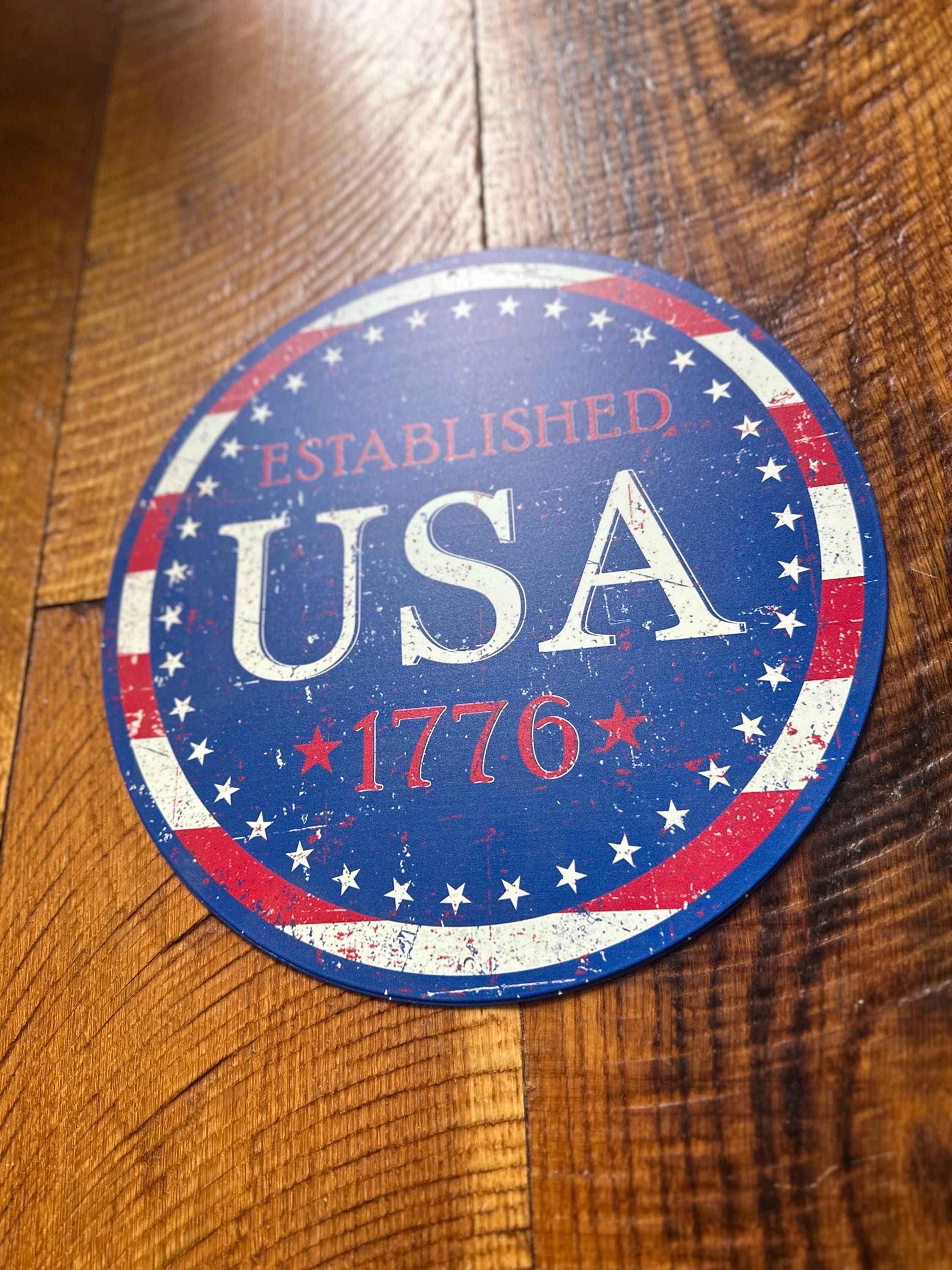 USA 1776 Metal Sign Patriotic Wall Decor Vintage Americana Sign Fourth of July Decor Rustic USA Established Sign 12" Red White & Blue Wreath