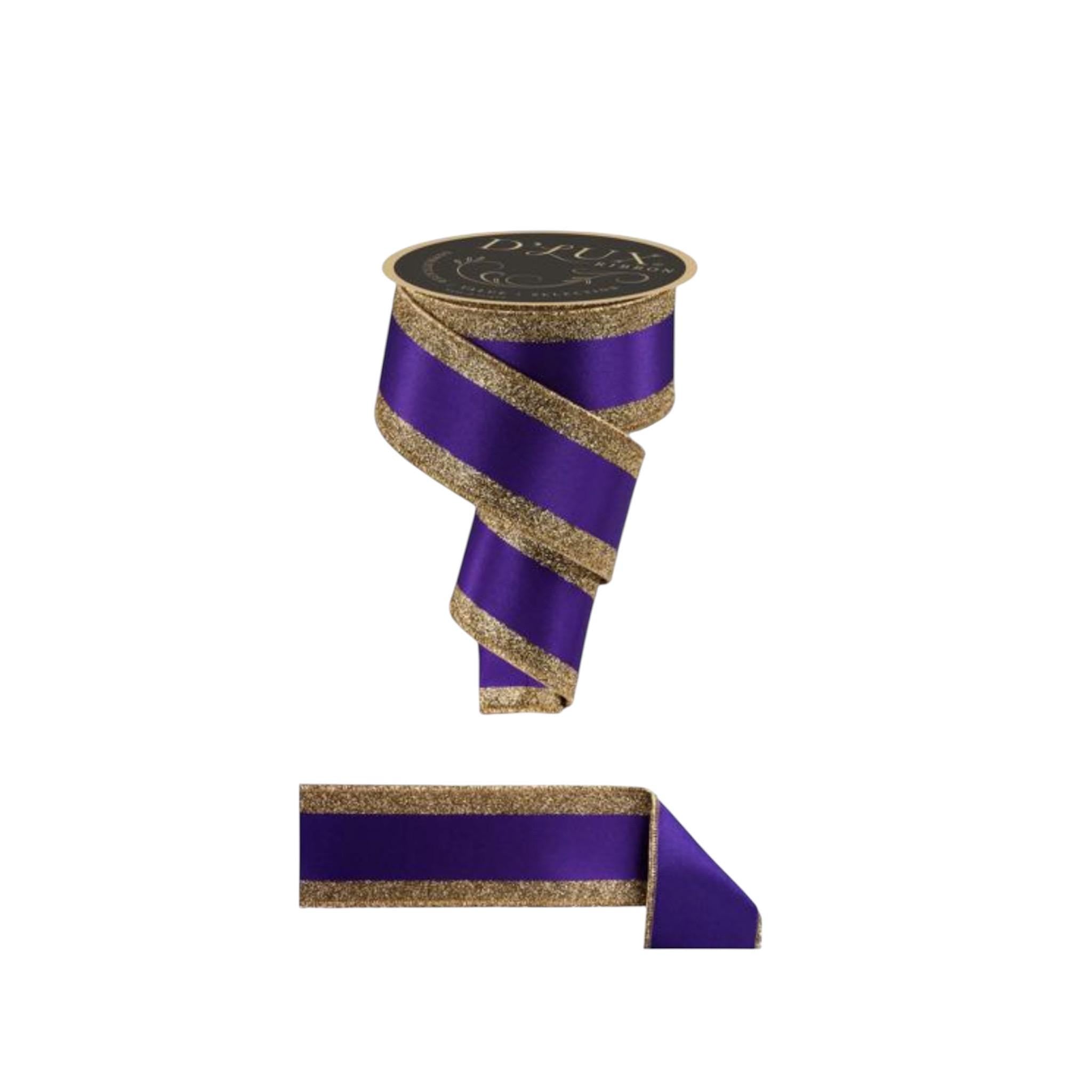 Purple and Gold Wired Ribbon Satin with Glitter Edge Mardi Gras Ribbon for Wreaths Bows Party Decor Gift Wrapping Designer Ribbon