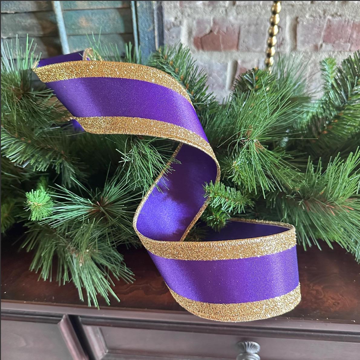 Purple and Gold Wired Ribbon Satin with Glitter Edge Mardi Gras Ribbon for Wreaths Bows Party Decor Gift Wrapping Designer Ribbon