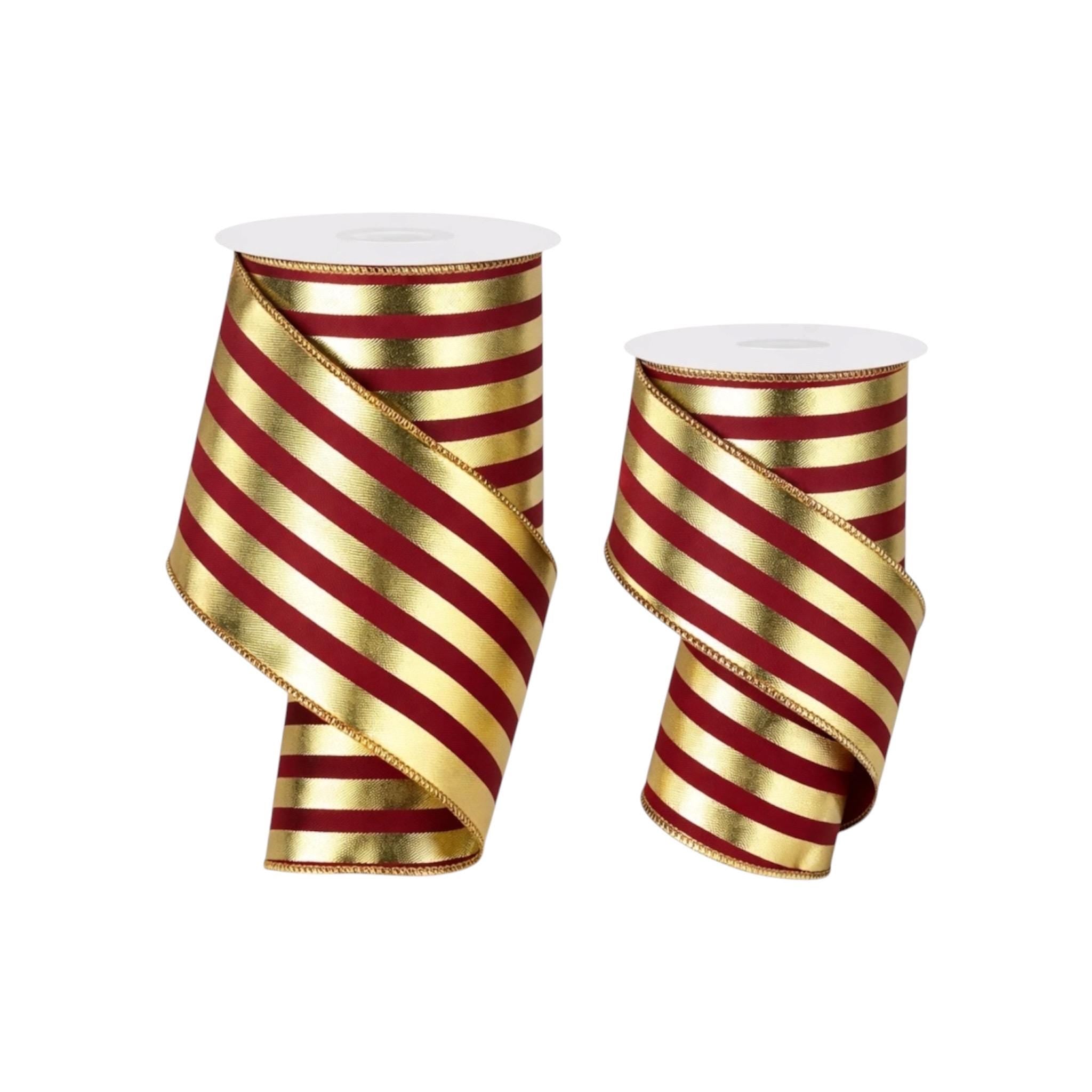 Metallic Gold and Maroon Vertical Stripes Wired Ribbon- Available in 2.5", 4" x 10yds