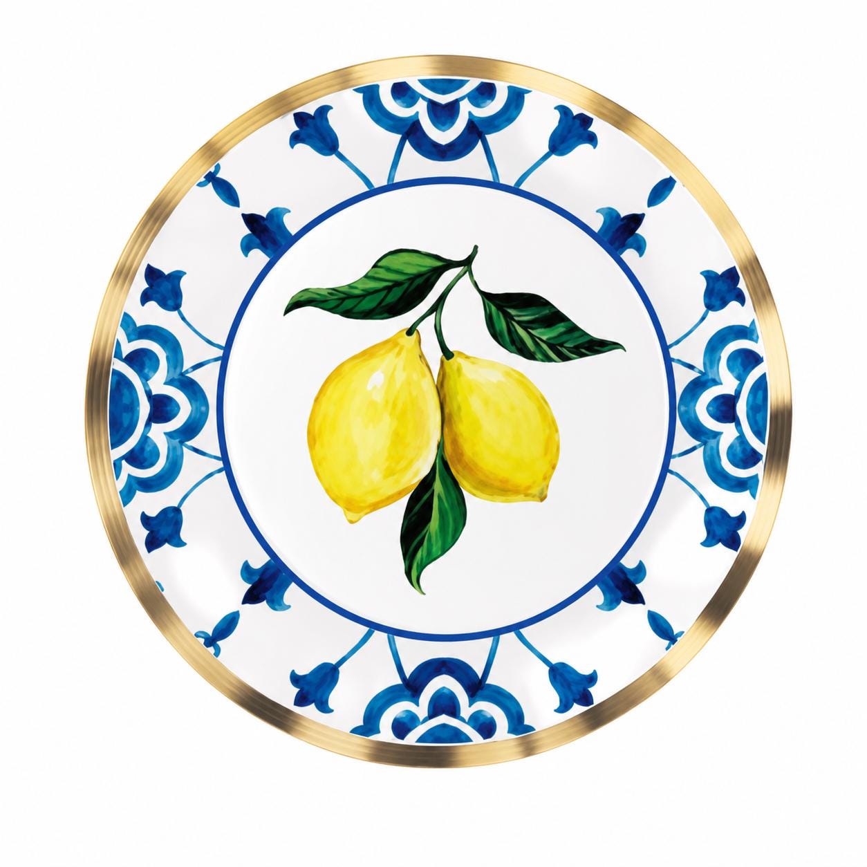Lemon Blue Paper Plate Set Serves 8 Gold Rim Disposable Dinnerware Mediterranean Party Plates Dinner and Dessert Plates