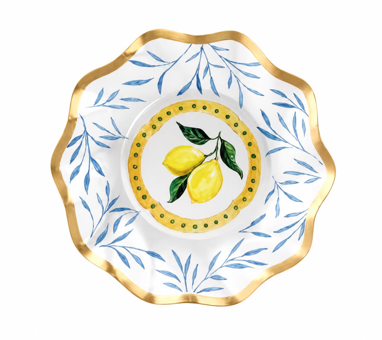 Lemon Blue Paper Plate Set Serves 8 Gold Rim Disposable Dinnerware Mediterranean Party Plates Dinner and Dessert Plates
