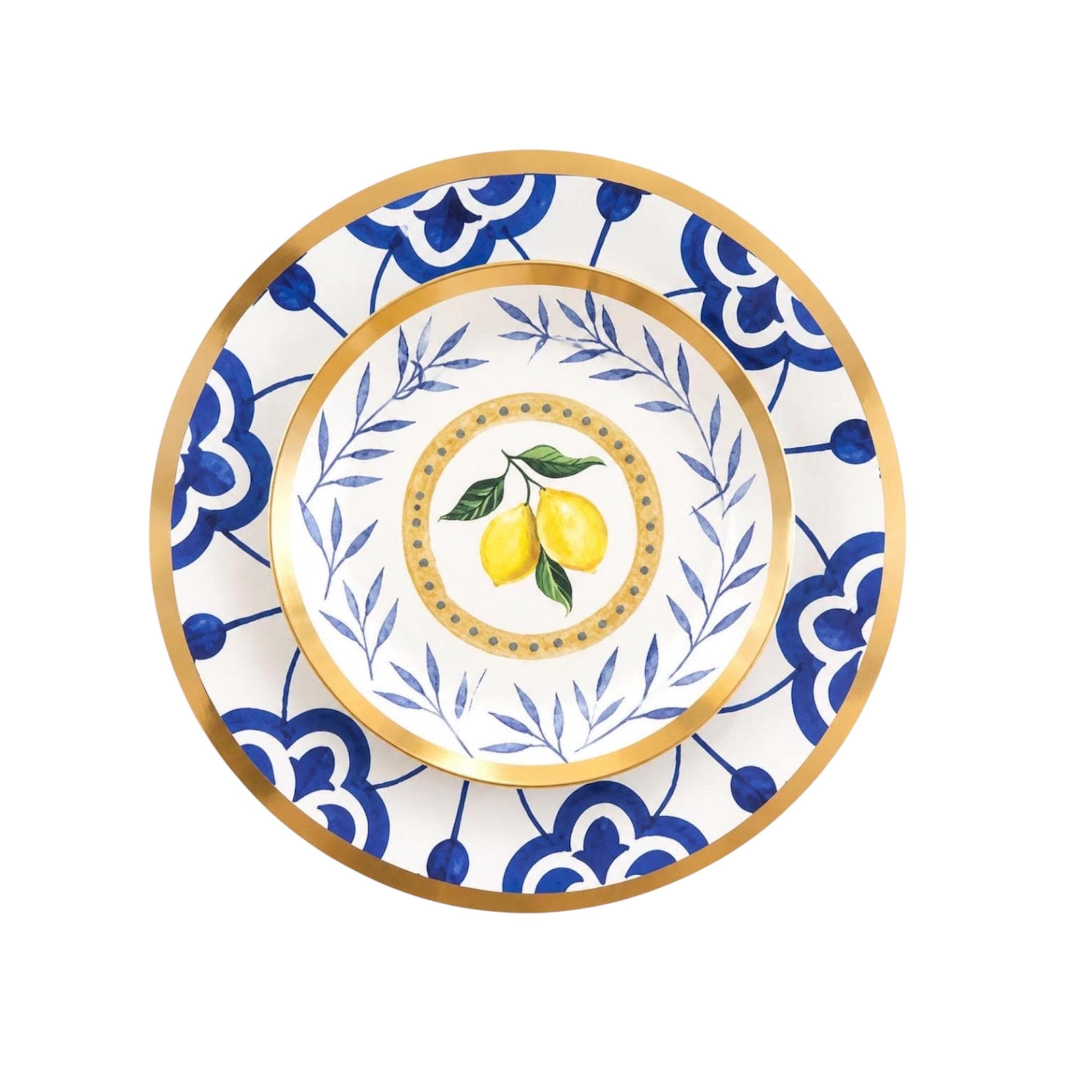 Lemon Blue Paper Plate Set Serves 8 Gold Rim Disposable Dinnerware Mediterranean Party Plates Dinner and Dessert Plates