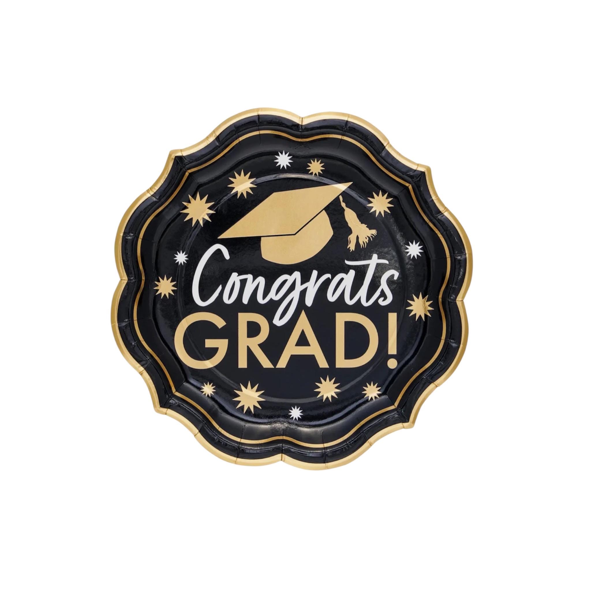 Graduation Party Dinner Plates, Black & Gold Congrats Grad Paper Plates, Graduation Party Supplies, Disposable Graduation Tableware