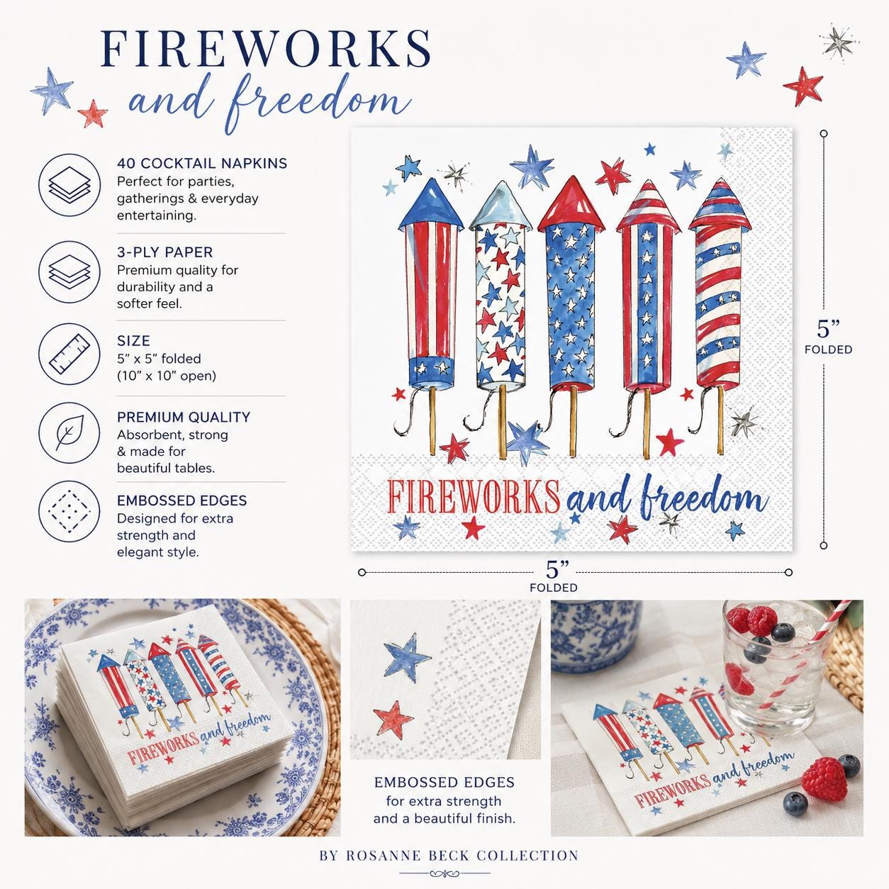 Fireworks and Freedom Cocktail Napkins Patriotic Party Napkins 4th of July Napkins Set of 40