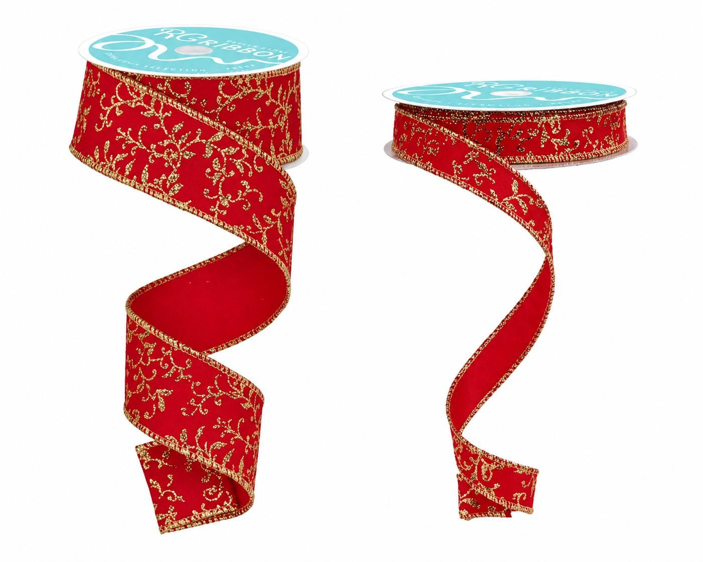 Christmas Ribbon Red Gold Glitter Leaf Vine Ribbon Wired Edge Holiday Ribbon Wreath Ribbon Designer Ribbon