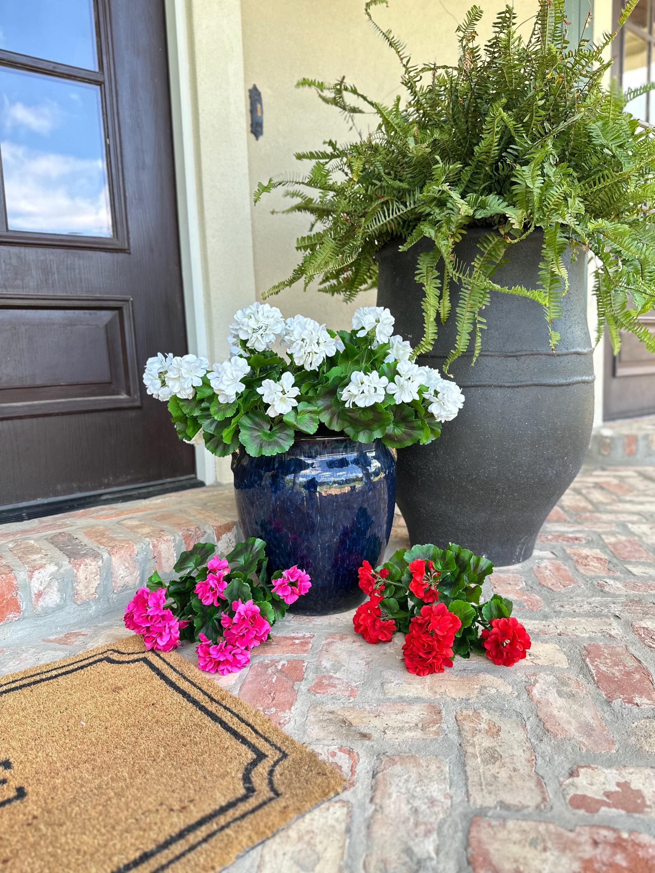 UV Faux Geranium Bush & Stem | Outdoor Artificial Geranium Flowers for Planters, Front Porch Pots & Outdoor Decor