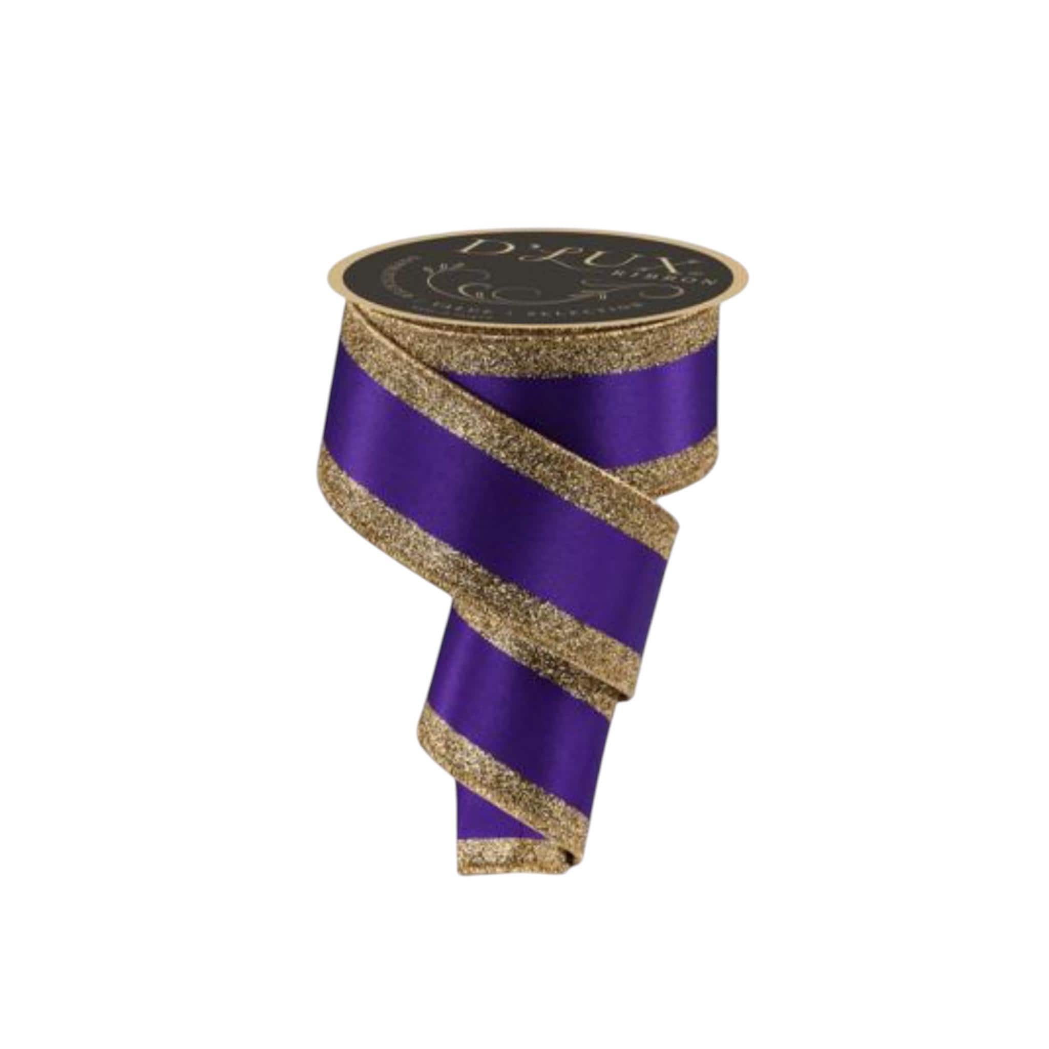 Purple and Gold Wired Ribbon Satin with Glitter Edge Mardi Gras Ribbon for Wreaths Bows Party Decor Gift Wrapping Designer Ribbon