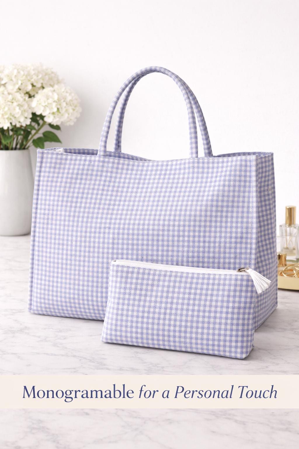 Blue Gingham Tote & Cosmetic Bag Set | Matching Travel and Everyday Essentials